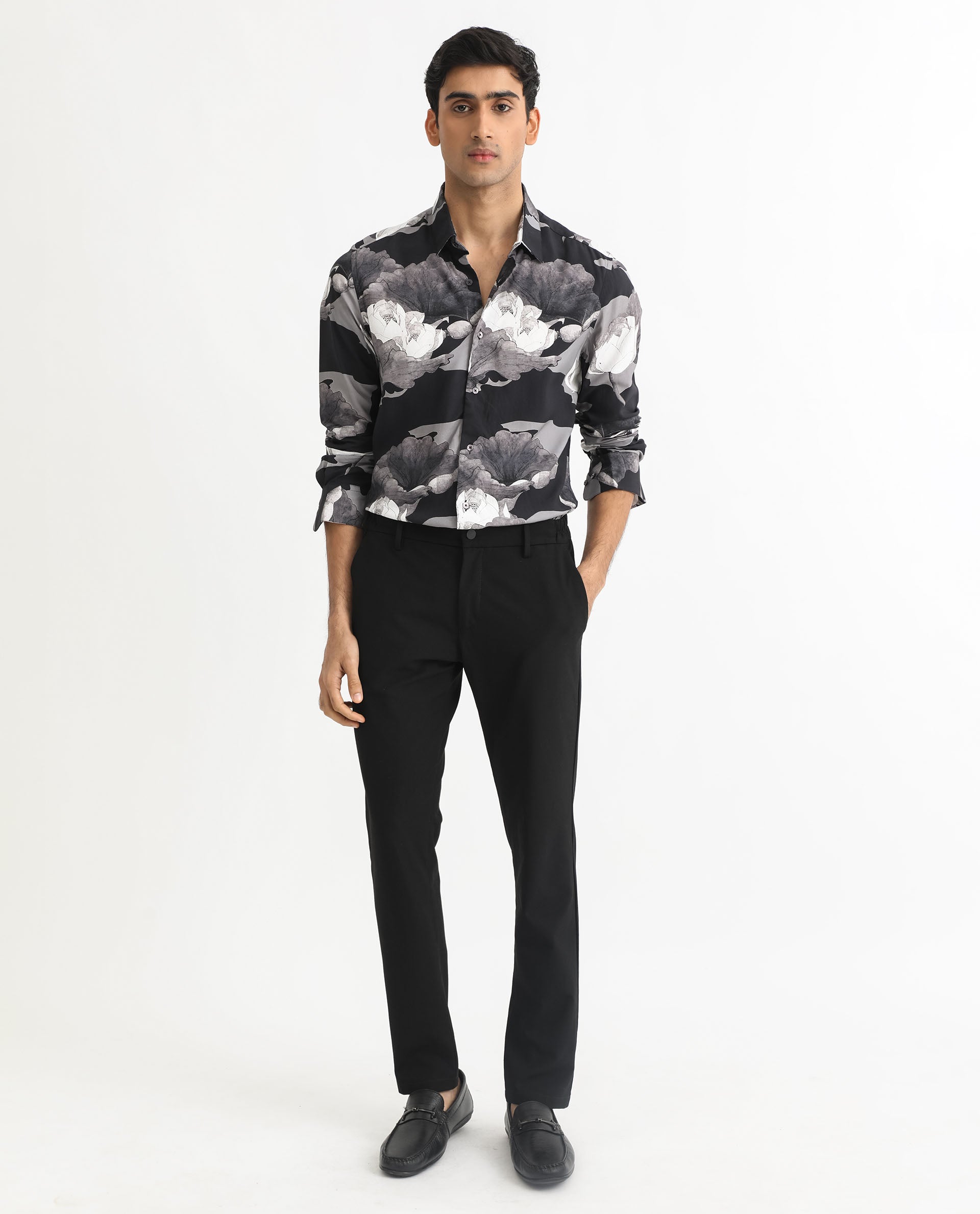 Rare Rabbit Men's Japo Grey Viscose Floral Print Regular Fit Full Sleeve Collared Shirt