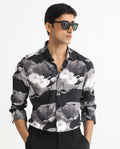 Rare Rabbit Men's Japo Grey Viscose Floral Print Regular Fit Full Sleeve Collared Shirt