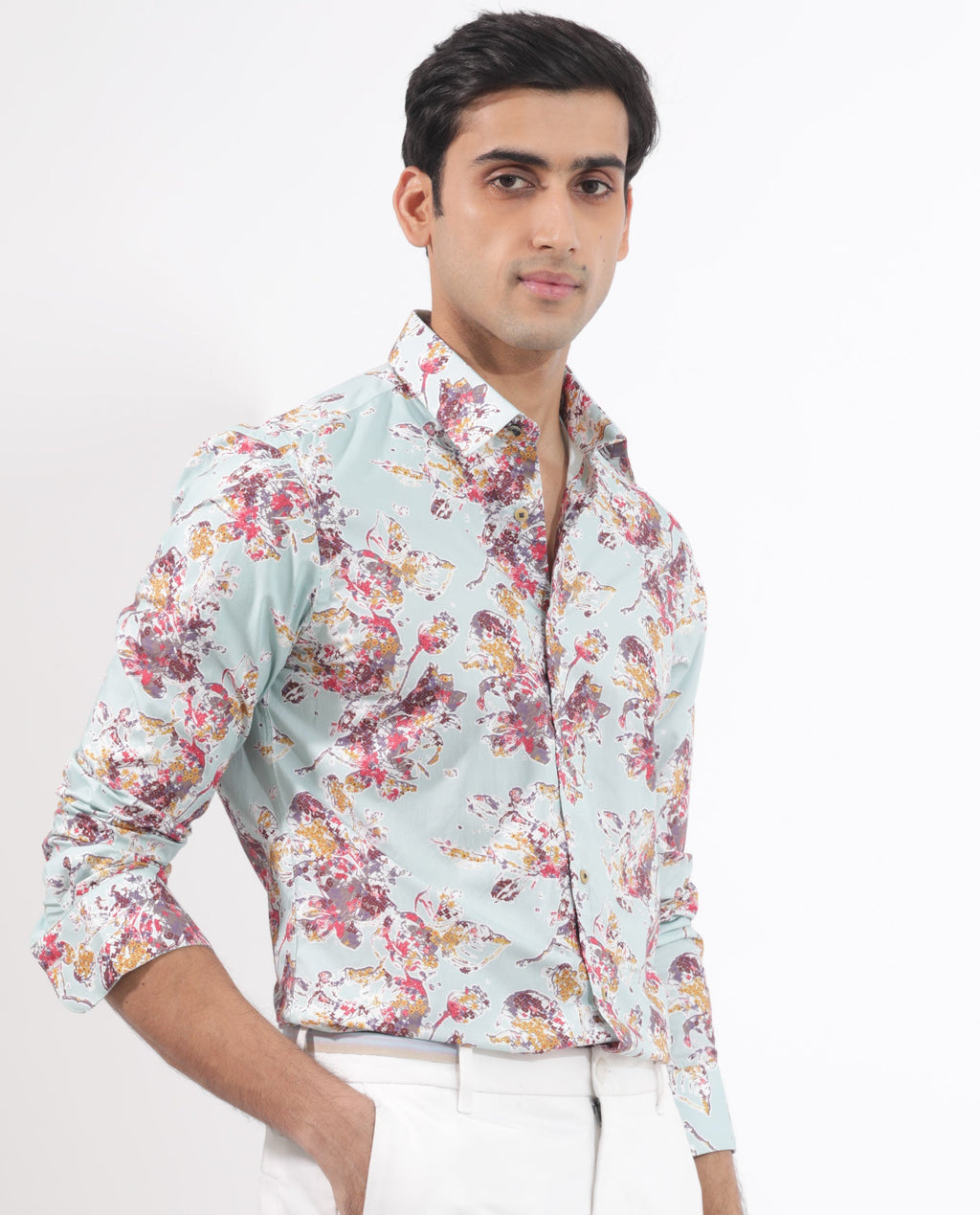 Rare Rabbit Men's Jaqenn Turq Cotton Floral Print Tailored Fit Full Sleeve Collared Shirt