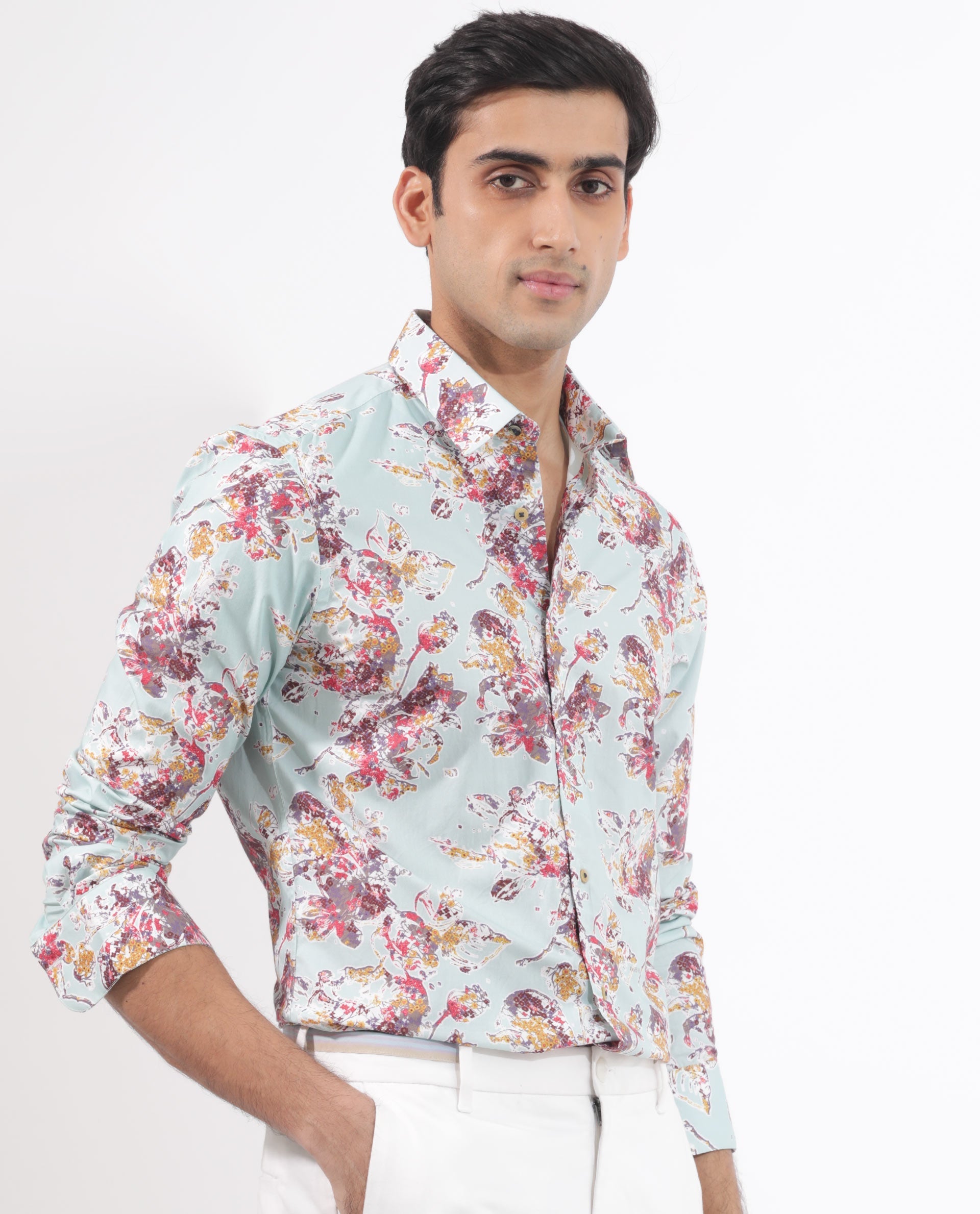 Rare Rabbit Men's Jaqenn Turq Cotton Floral Print Tailored Fit Full Sleeve Collared Shirt