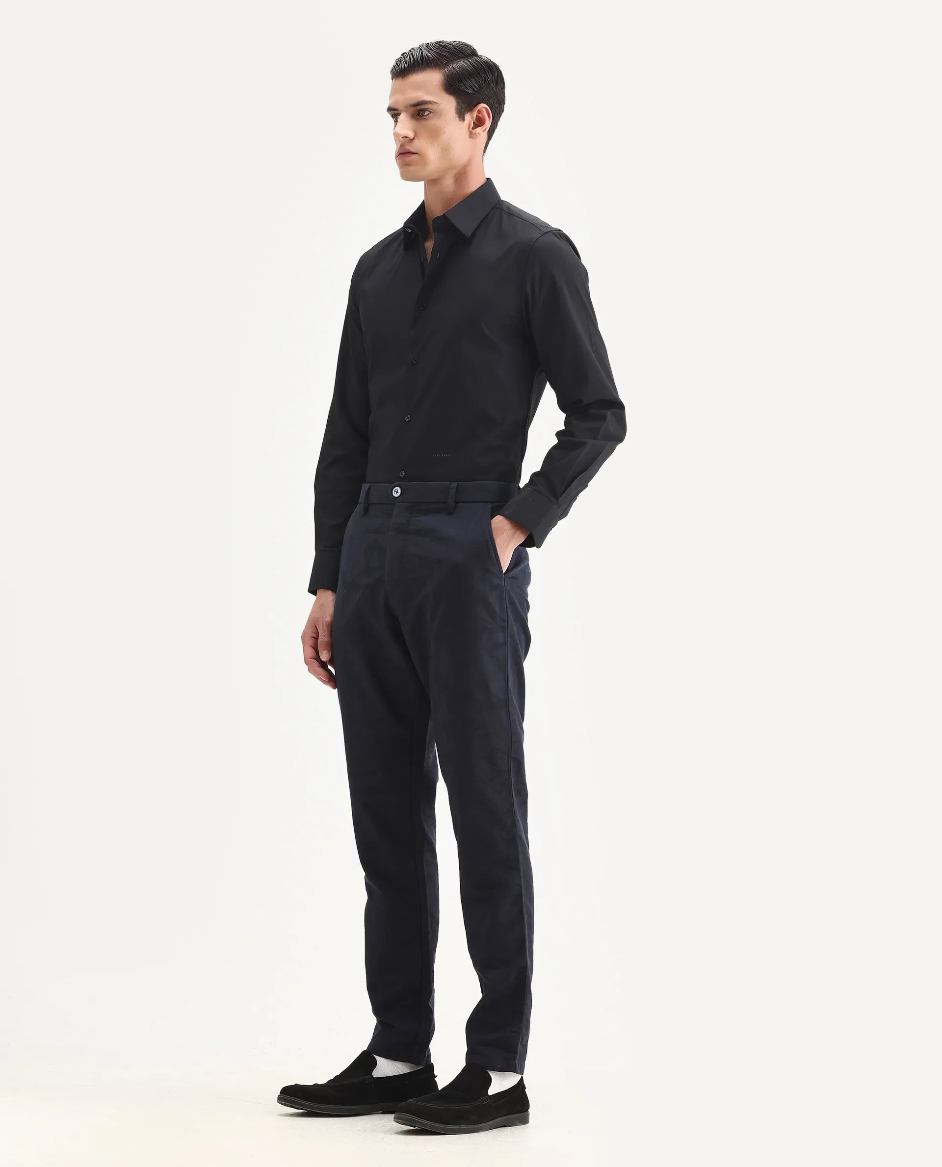 Rare Rabbit Men's Jeck-24 Navy Cotton Jacquard Regular Fit Trouser