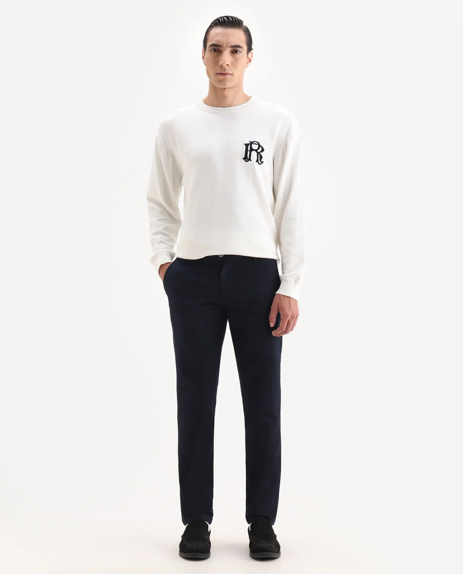 Rare Rabbit Men's Jeck-2 Navy Cotton Jacquard Regular Fit Trouser