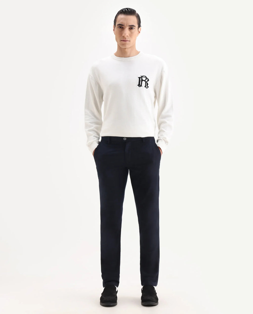 Rare Rabbit Men's Jeck-2 Navy Cotton Jacquard Regular Fit Trouser