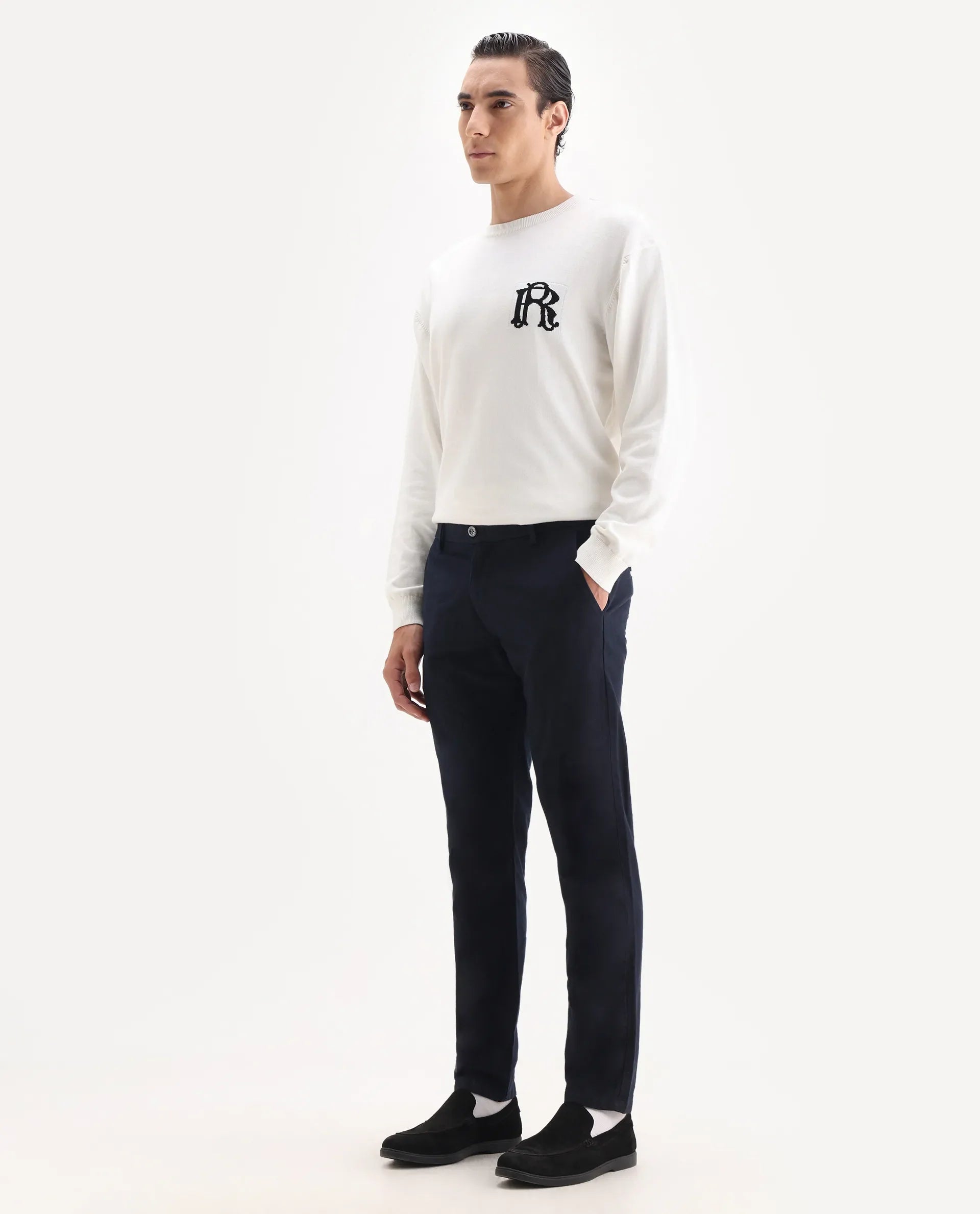 Rare Rabbit Men's Jeck-2 Navy Cotton Jacquard Regular Fit Trouser