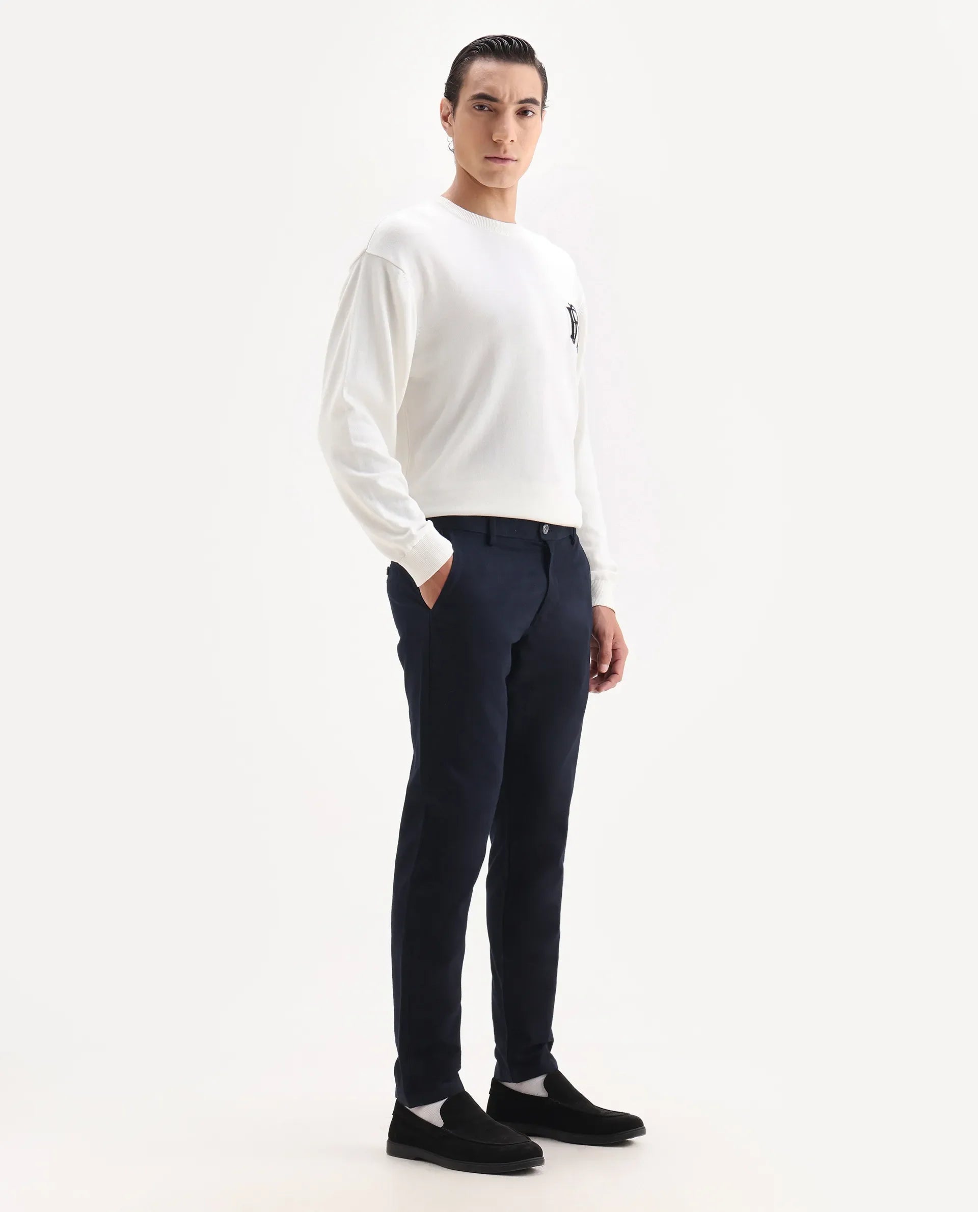 Rare Rabbit Men's Jeck-2 Navy Cotton Jacquard Regular Fit Trouser