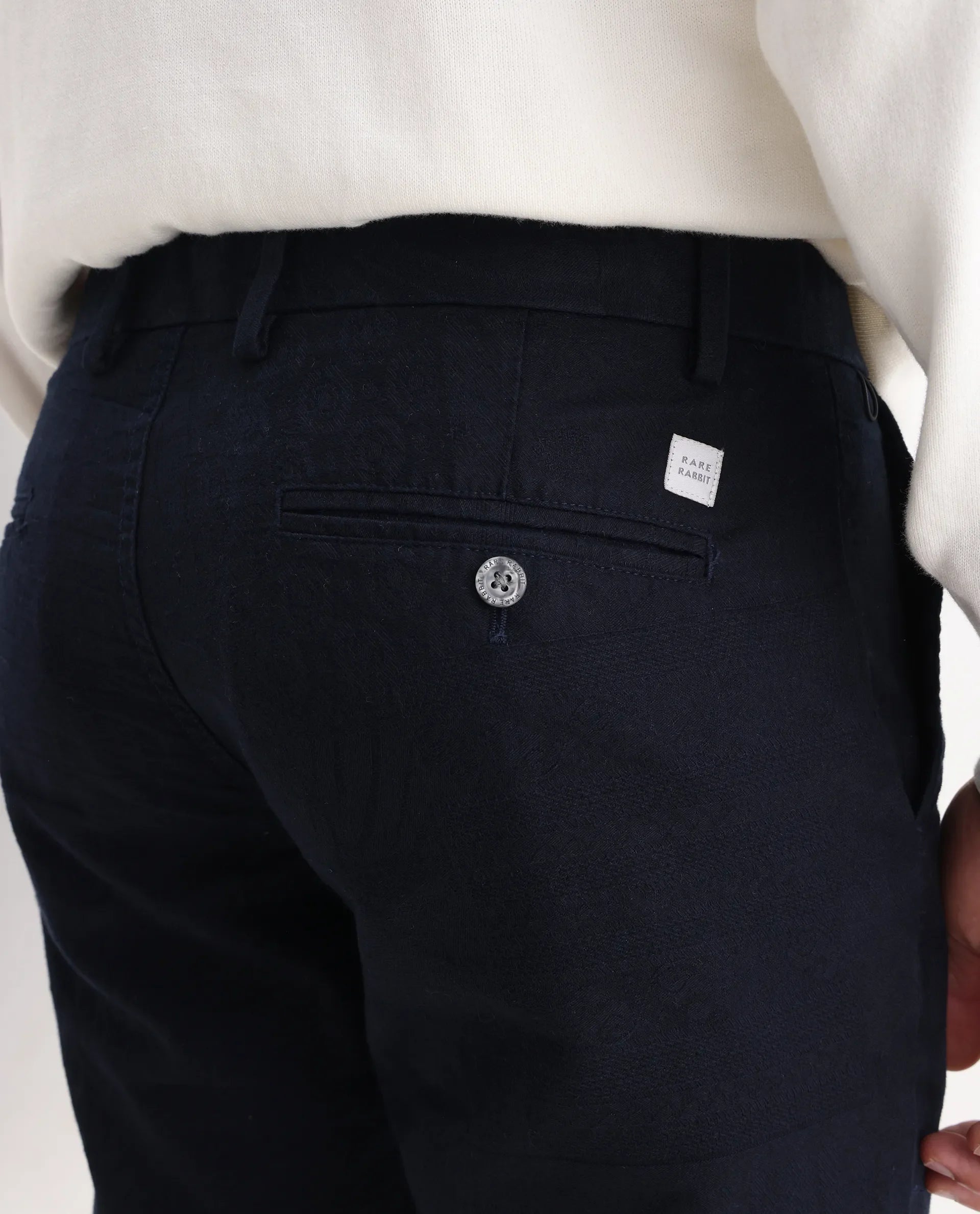 Rare Rabbit Men's Jeck-2 Navy Cotton Jacquard Regular Fit Trouser