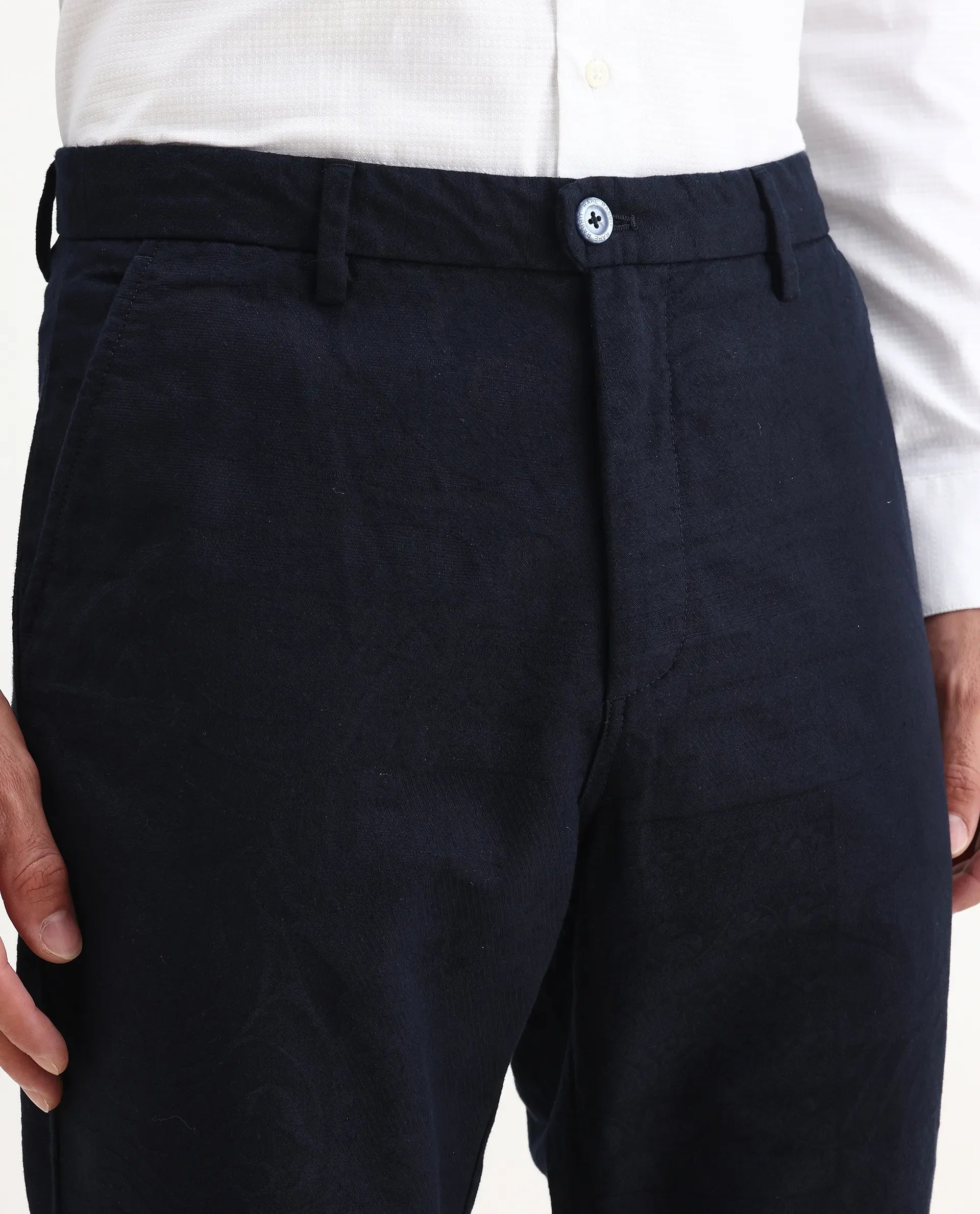 Rare Rabbit Men's Jeck-24 Navy Cotton Jacquard Regular Fit Trouser
