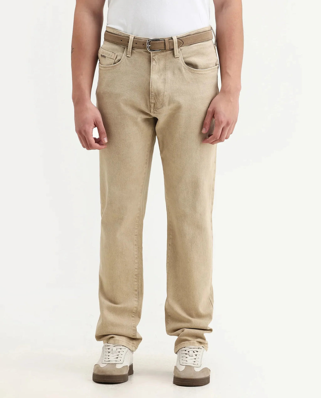 Rare Rabbit Men's Joel-G3 Beige Cotton Blend Fabric Morris Regular Plain Jeans