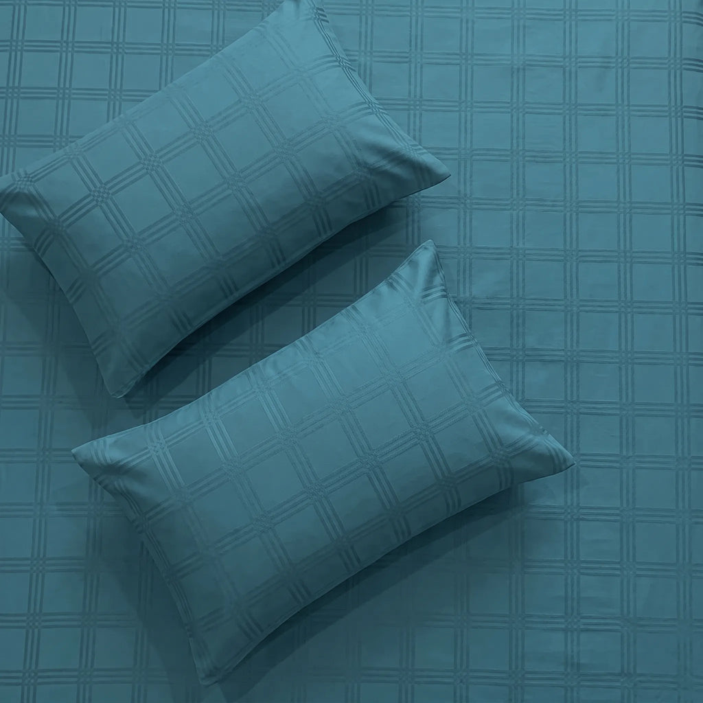 300 TC Super Soft King Bedsheet, Self Woven Checks Design - Dark Teal Checks