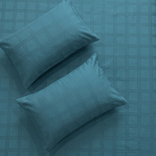 300 TC Super Soft King Bedsheet, Self Woven Checks Design - Dark Teal Checks