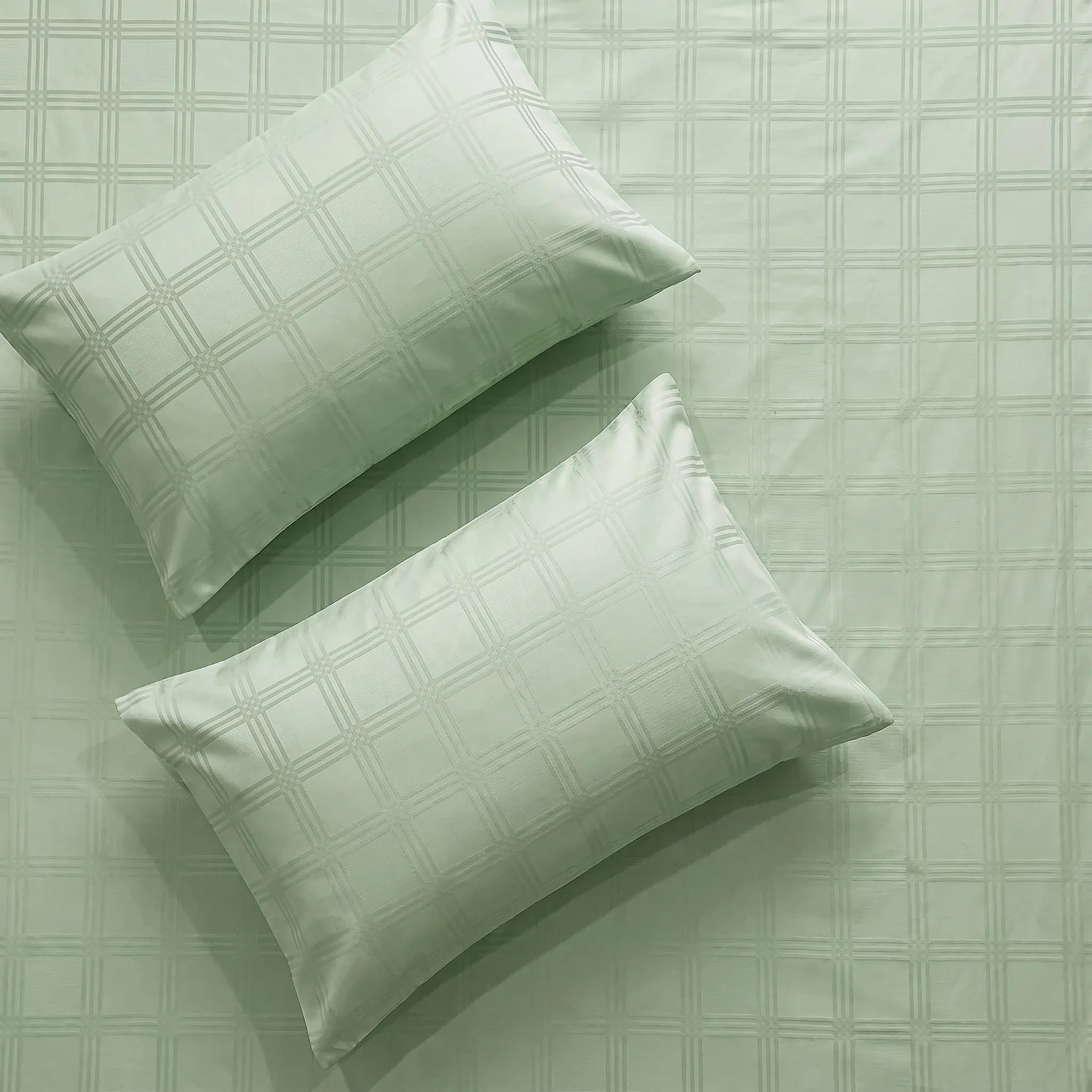 300 TC Super Soft King Bedsheet, Self Woven Checks Design - Sage Green Checks