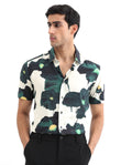 Rare Rabbit Men's Jersey Green Viscose Floral Print Regular Fit Half Sleeve Collared Shirt
