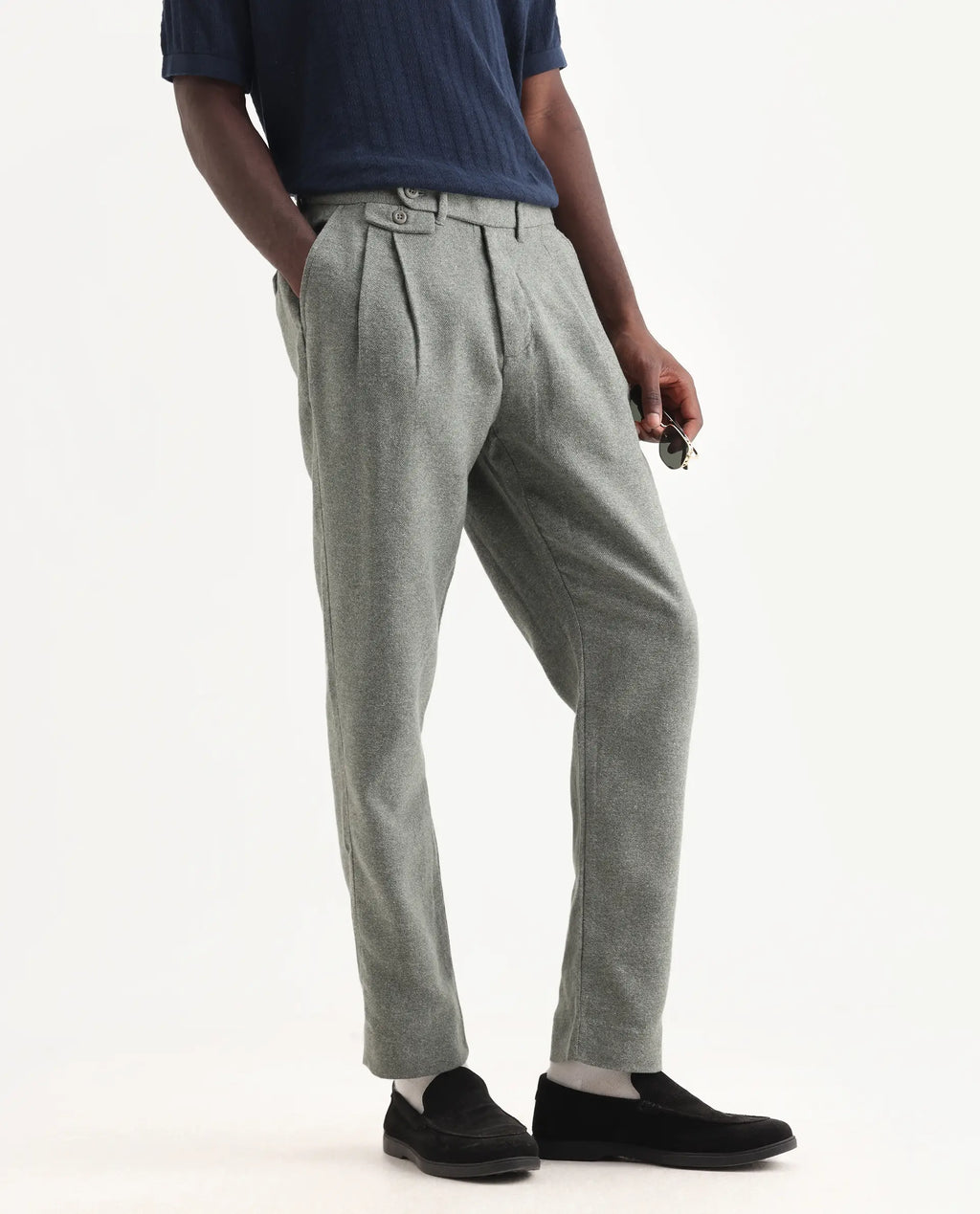 Rare Rabbit Men's Kaino Dark Green Felt Plain Regular Fit Trouser