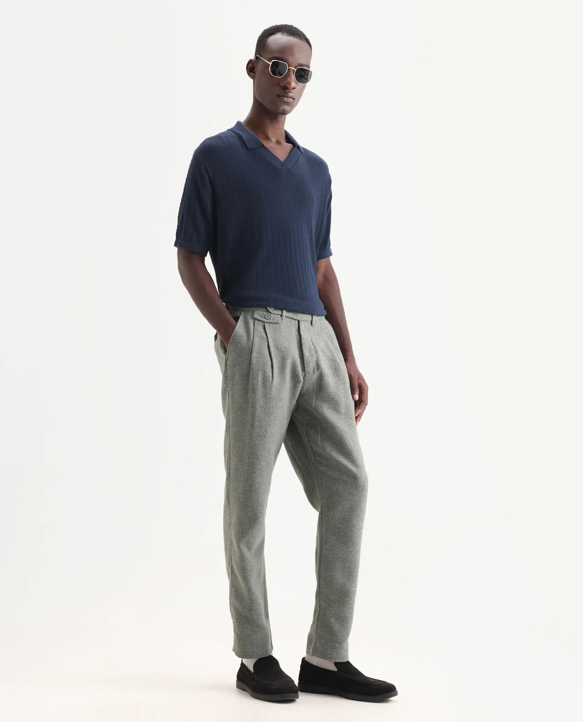 Rare Rabbit Men's Kaino Dark Green Felt Plain Regular Fit Trouser