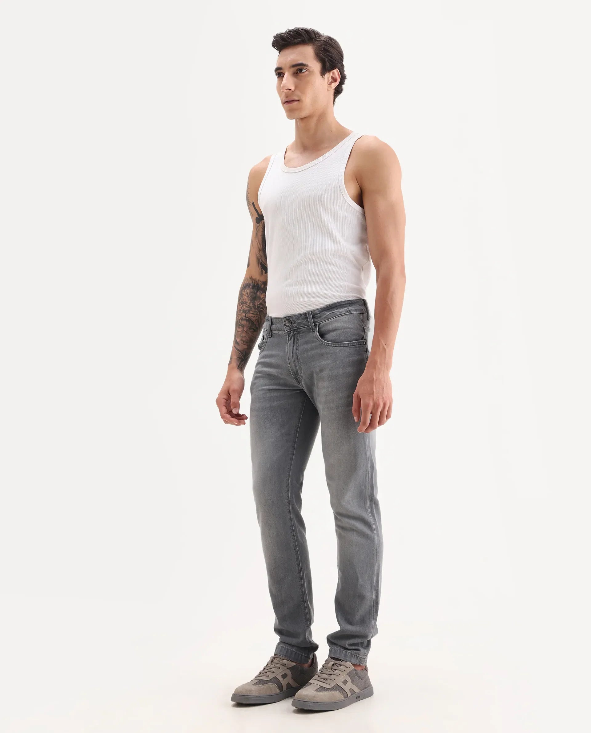 Rare Rabbit Men's Kairo-2 Grey Cotton Fabric Kurt Carrot Plain Jeans
