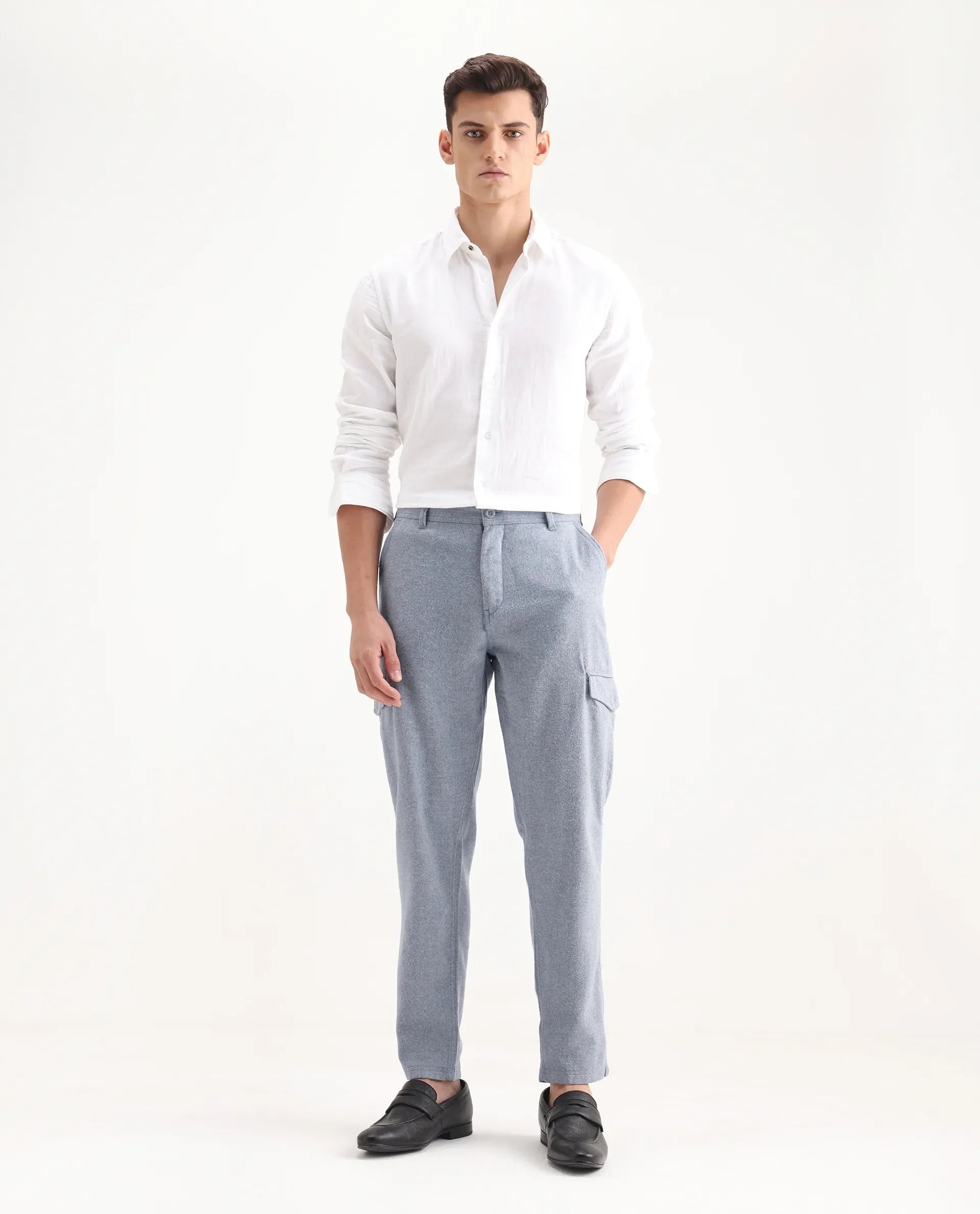 Rare Rabbit Men's Kalor Blue Cotton Plain Regular Fit Trouser
