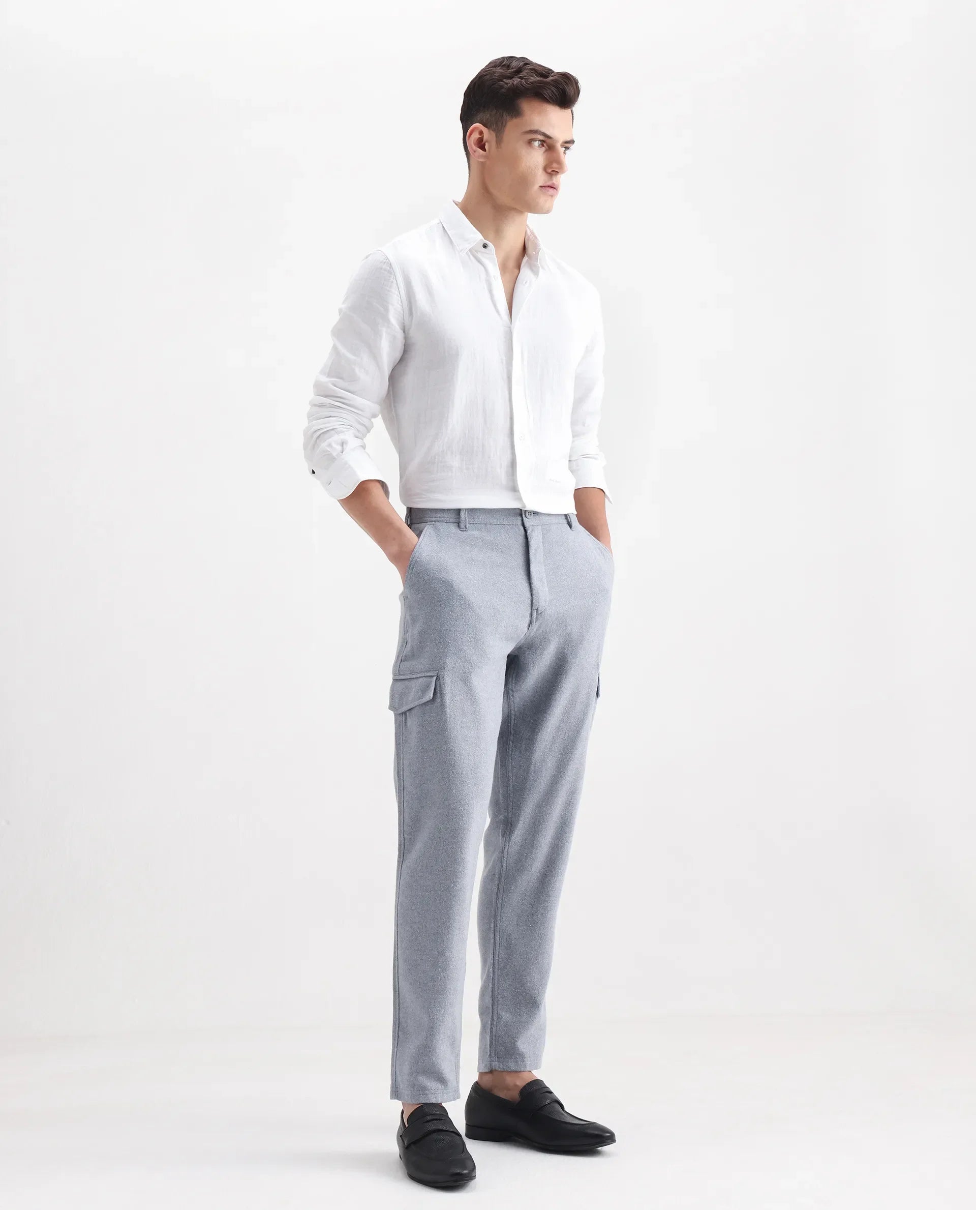 Rare Rabbit Men's Kalor Blue Cotton Plain Regular Fit Trouser