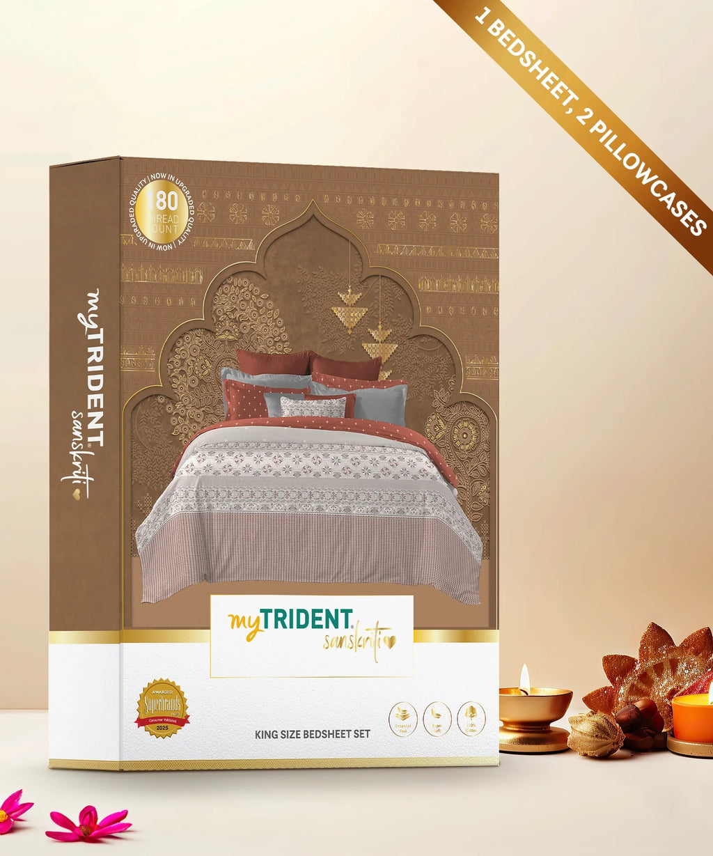 Sanskriti King Bedsheet Gift Set, Kasuti Grey| 180 TC Cotton| 2 Pillow Covers