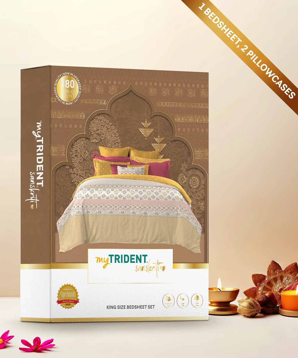 Sanskriti King Bedsheet Gift Set, Kasuti Turmeric | 180 TC Cotton| 2 Pillow Covers