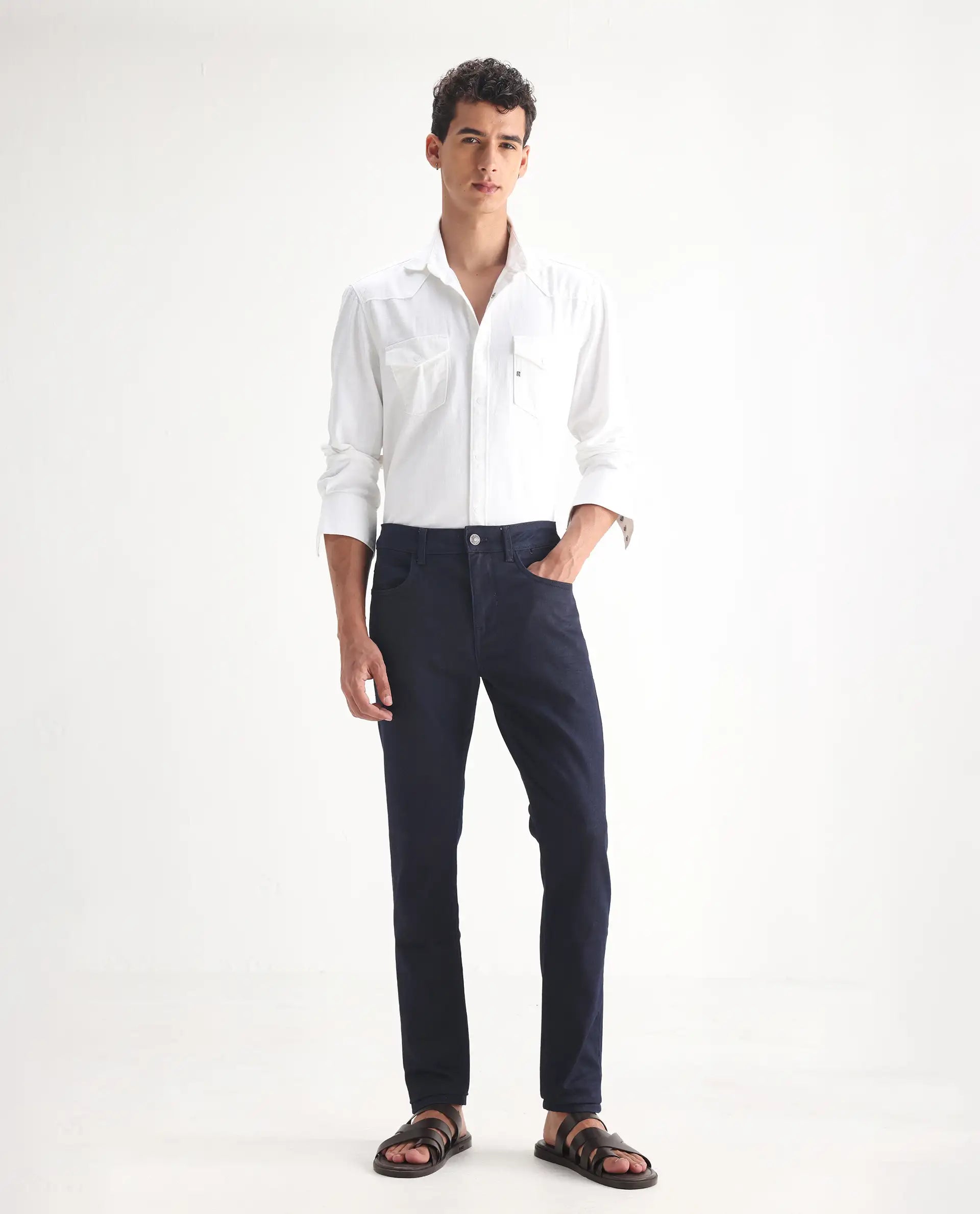Rare Rabbit Men's Kiel Navy Cotton Plain Morris Regular Fit Jeans