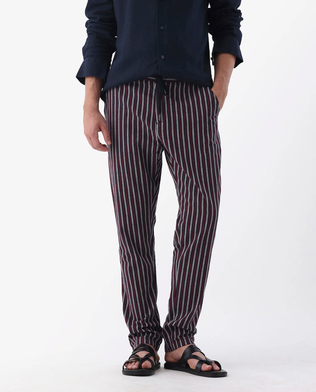 Rare Rabbit Men's Kimo Maroon Linen Blend Striped Print Regular Fit Trouser