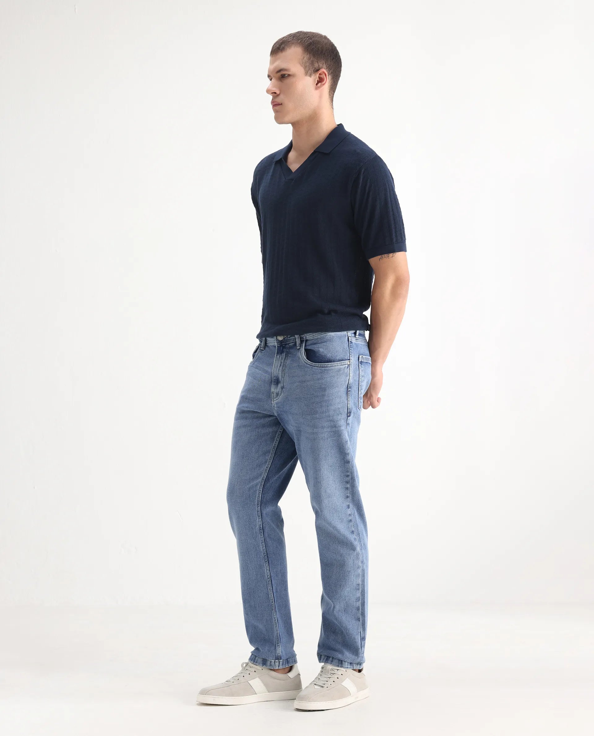Rare Rabbit Men's Klune Blue Cotton Plain Hawk Slim Fit Jeans