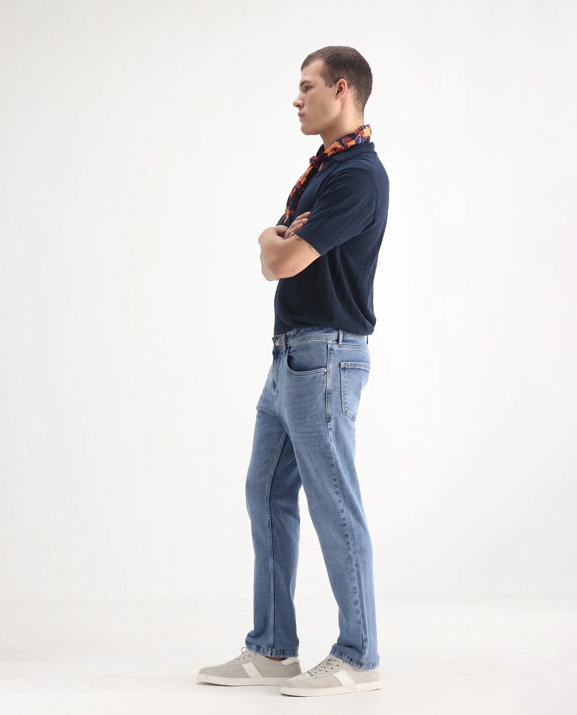 Rare Rabbit Men's Klune Blue Cotton Plain Hawk Slim Fit Jeans
