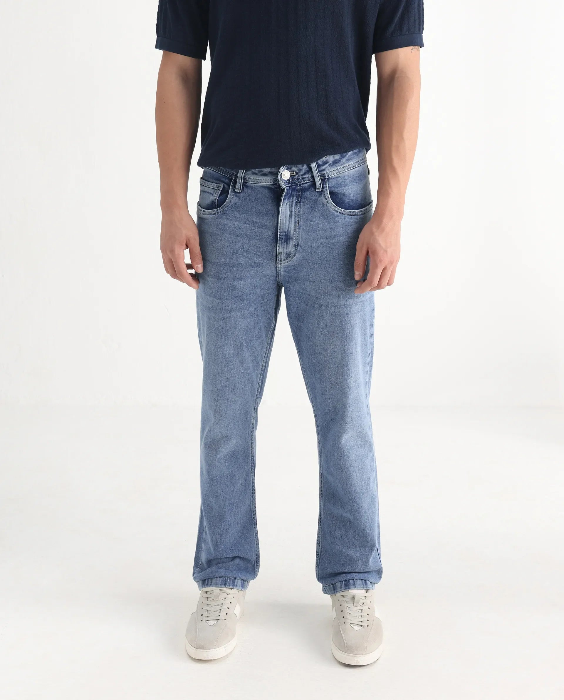 Rare Rabbit Men's Klune Blue Cotton Plain Hawk Slim Fit Jeans