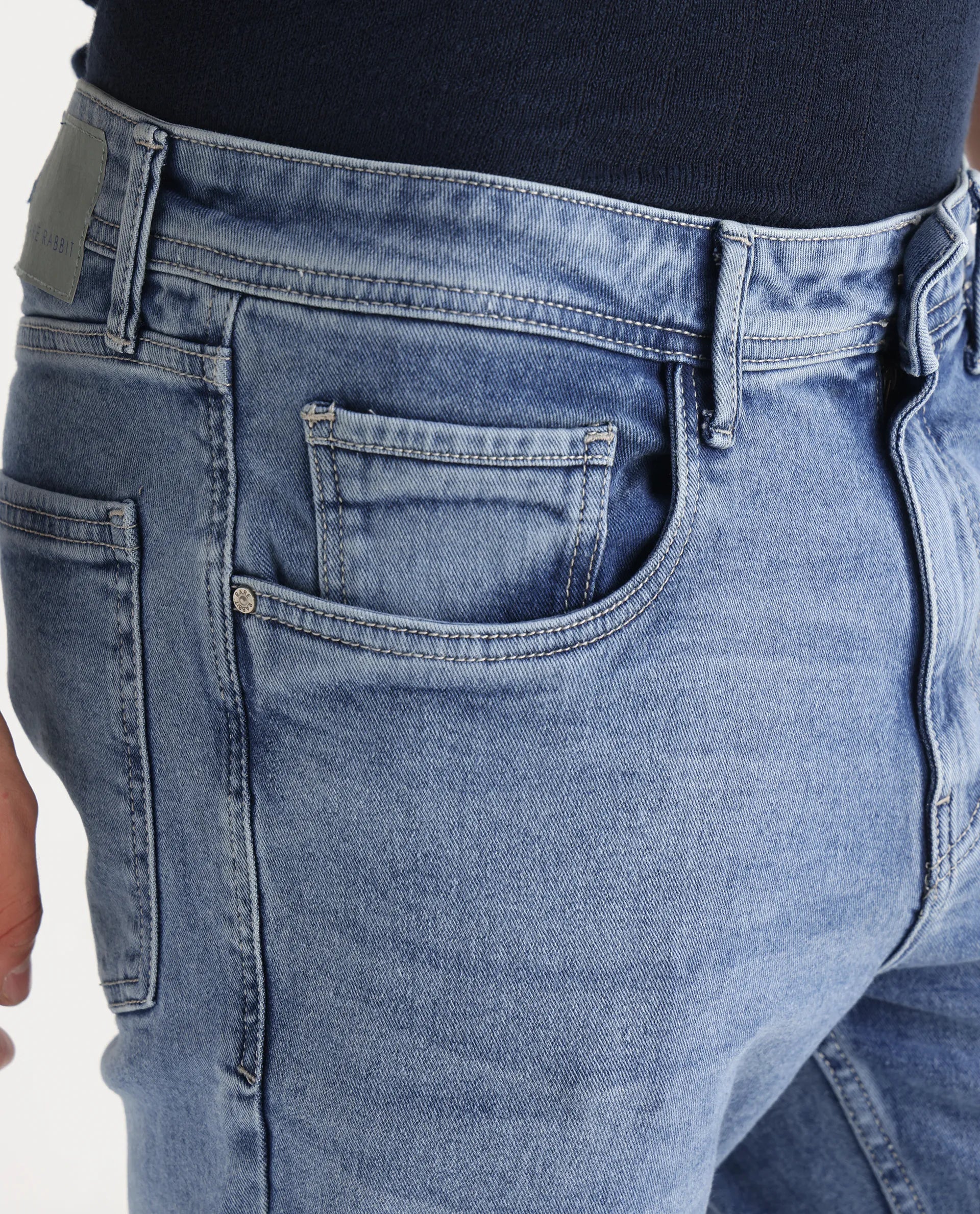 Rare Rabbit Men's Klune Blue Cotton Plain Hawk Slim Fit Jeans