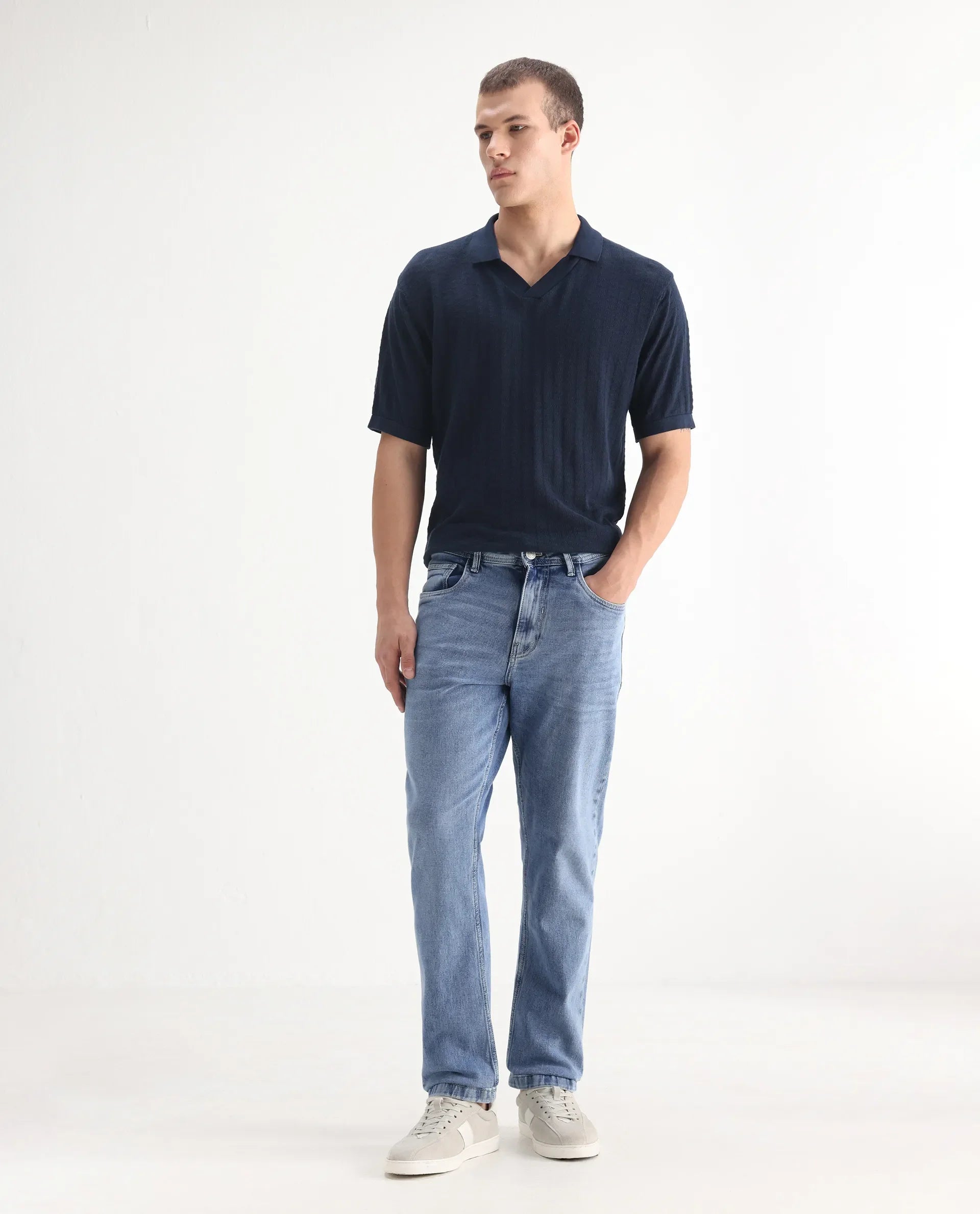 Rare Rabbit Men's Klune Blue Cotton Plain Hawk Slim Fit Jeans