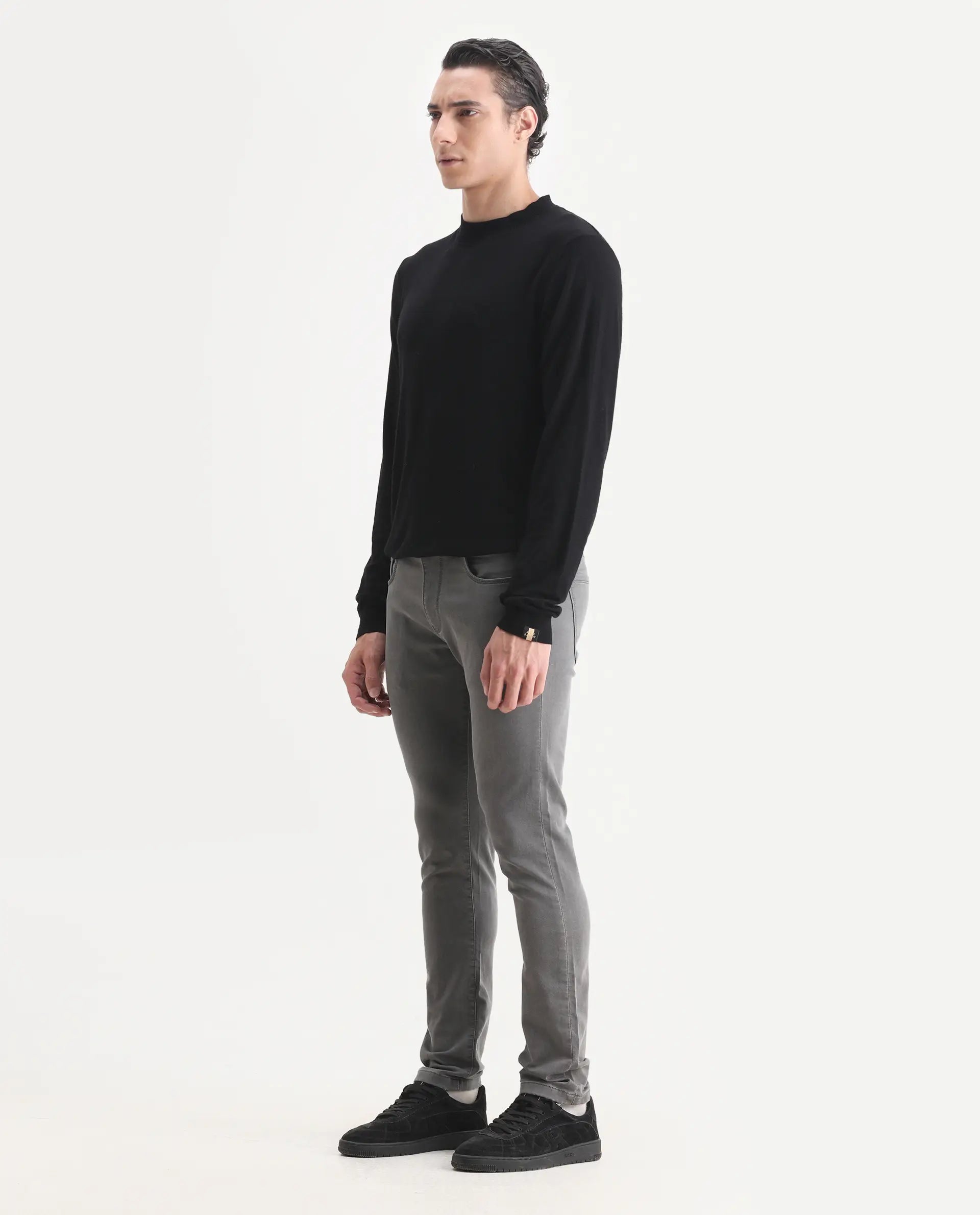 Rare Rabbit Men's Korv-25 Grey Cotton Blend Plain Hawk Slim Fit Jeans