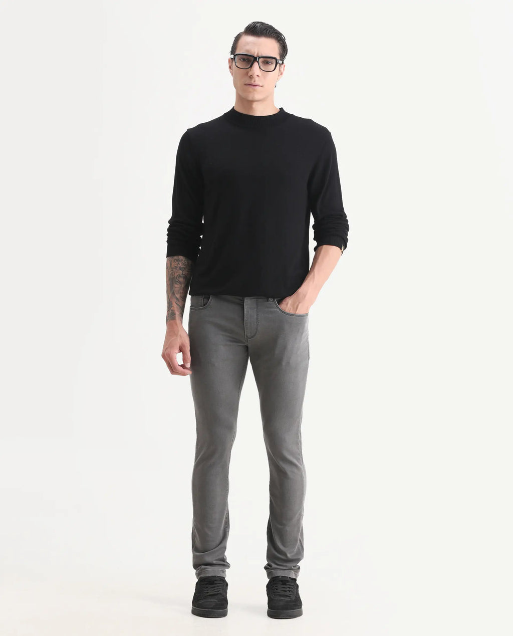 Rare Rabbit Men's Korv-25 Grey Cotton Blend Plain Hawk Slim Fit Jeans