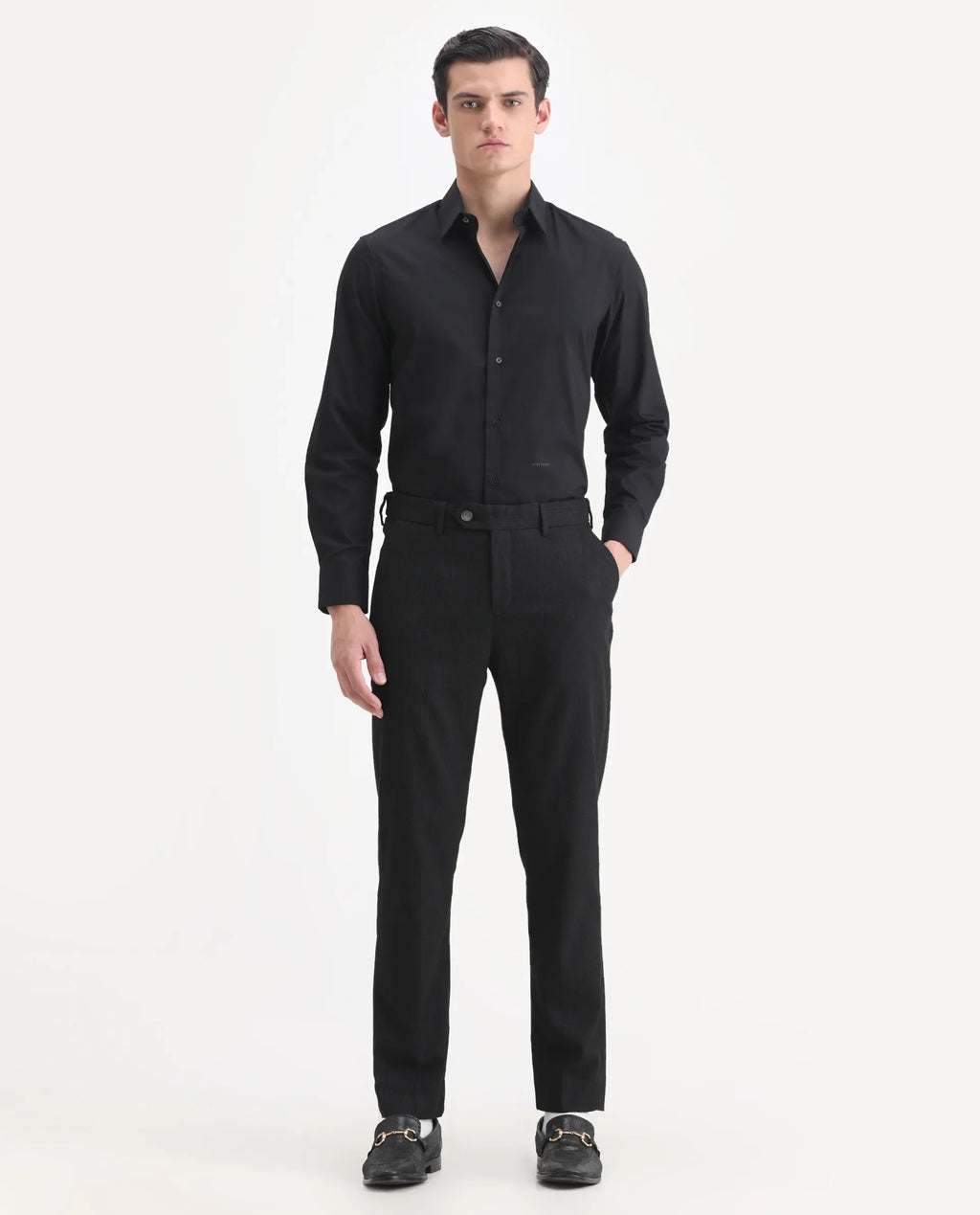 Rare Rabbit Men's Kovex Black Polyester Striped Print Regular Fit Trouser