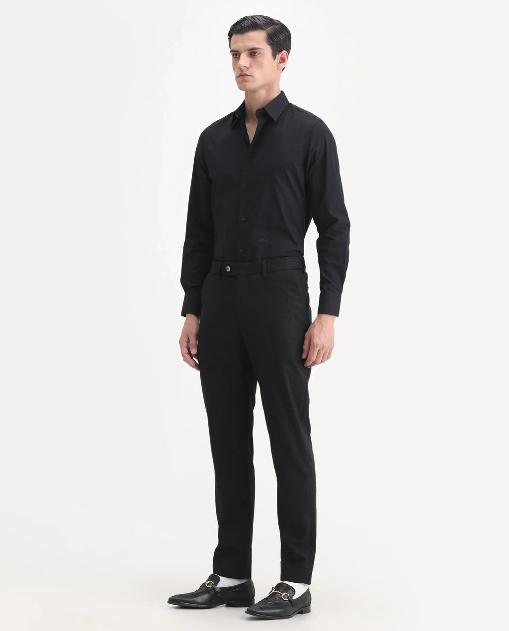 Rare Rabbit Men's Kovex Black Polyester Striped Print Regular Fit Trouser