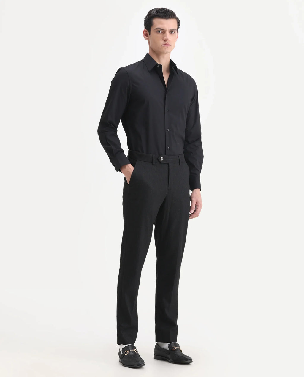 Rare Rabbit Men's Kovex Black Polyester Striped Print Regular Fit Trouser