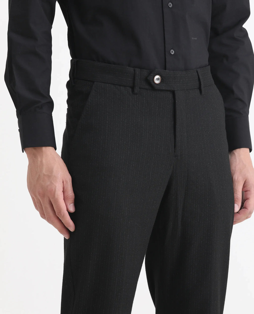 Rare Rabbit Men's Kovex Black Polyester Striped Print Regular Fit Trouser