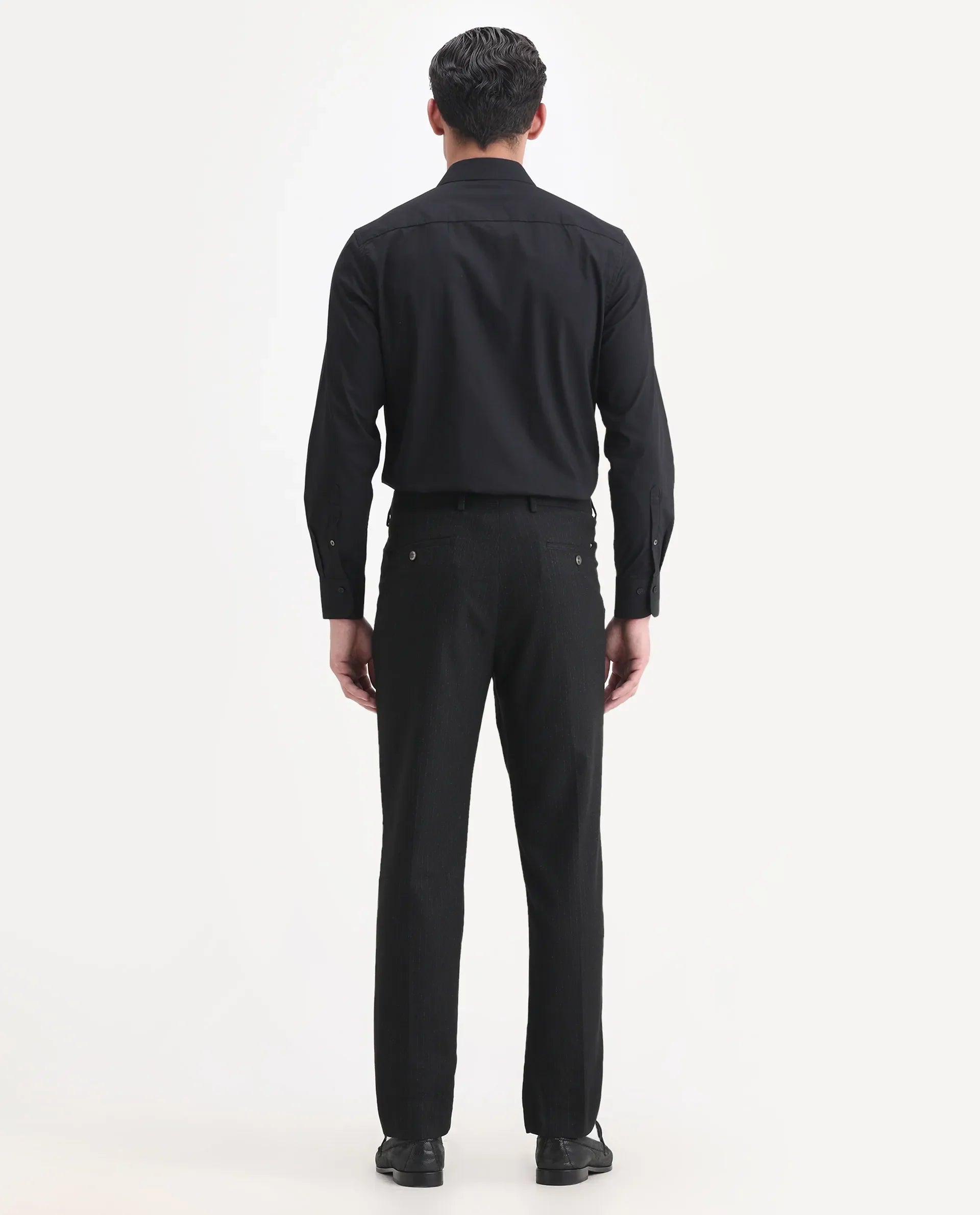 Rare Rabbit Men's Kovex Black Polyester Striped Print Regular Fit Trouser