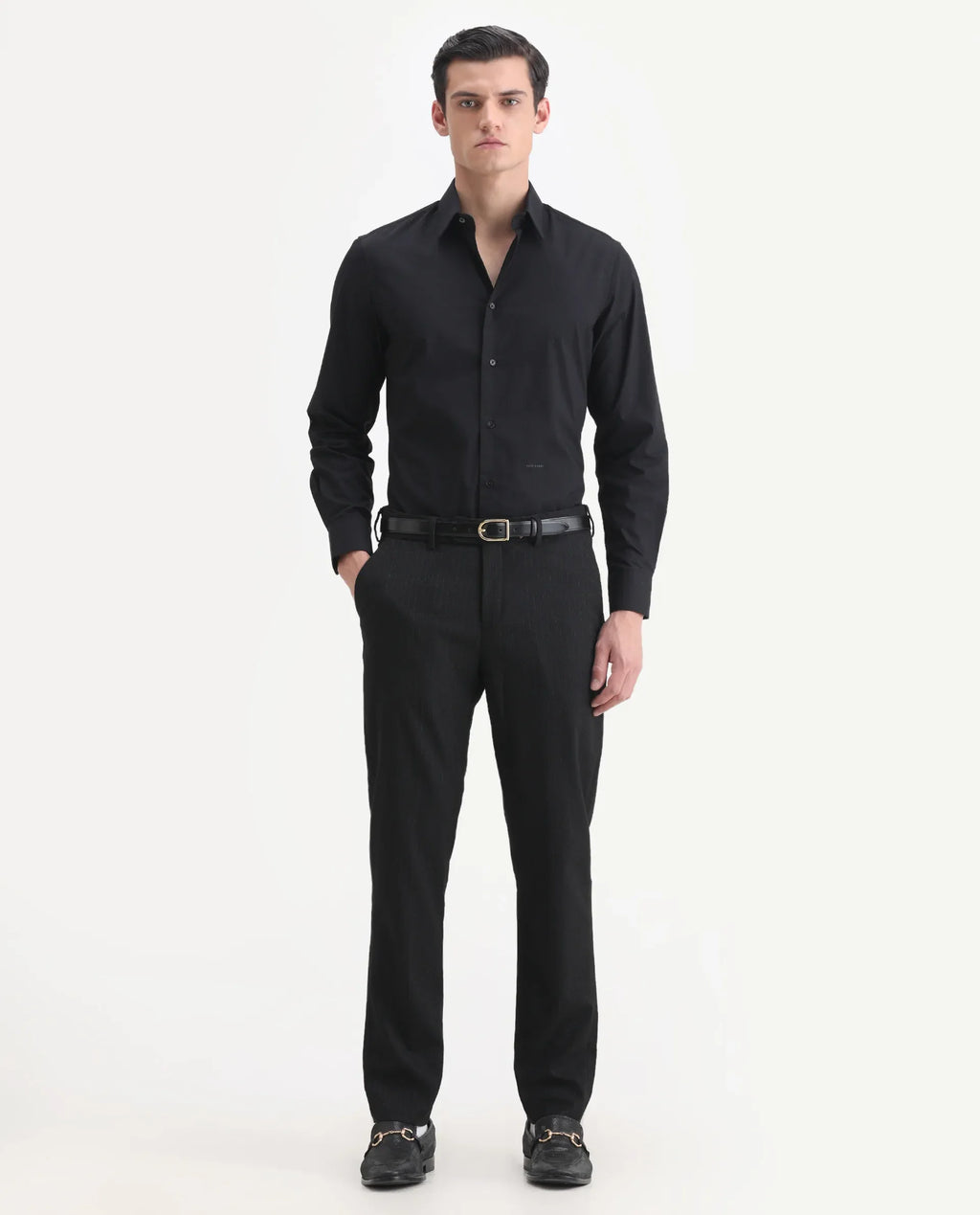 Rare Rabbit Men's Kovex Black Polyester Striped Print Regular Fit Trouser