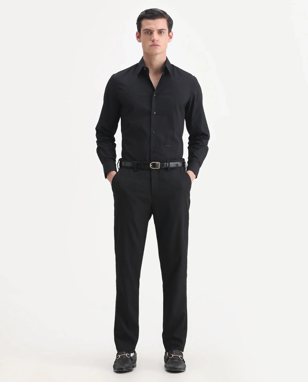 Rare Rabbit Men's Kovex Black Polyester Striped Print Regular Fit Trouser