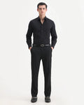 Rare Rabbit Men's Kovex Black Polyester Striped Print Regular Fit Trouser