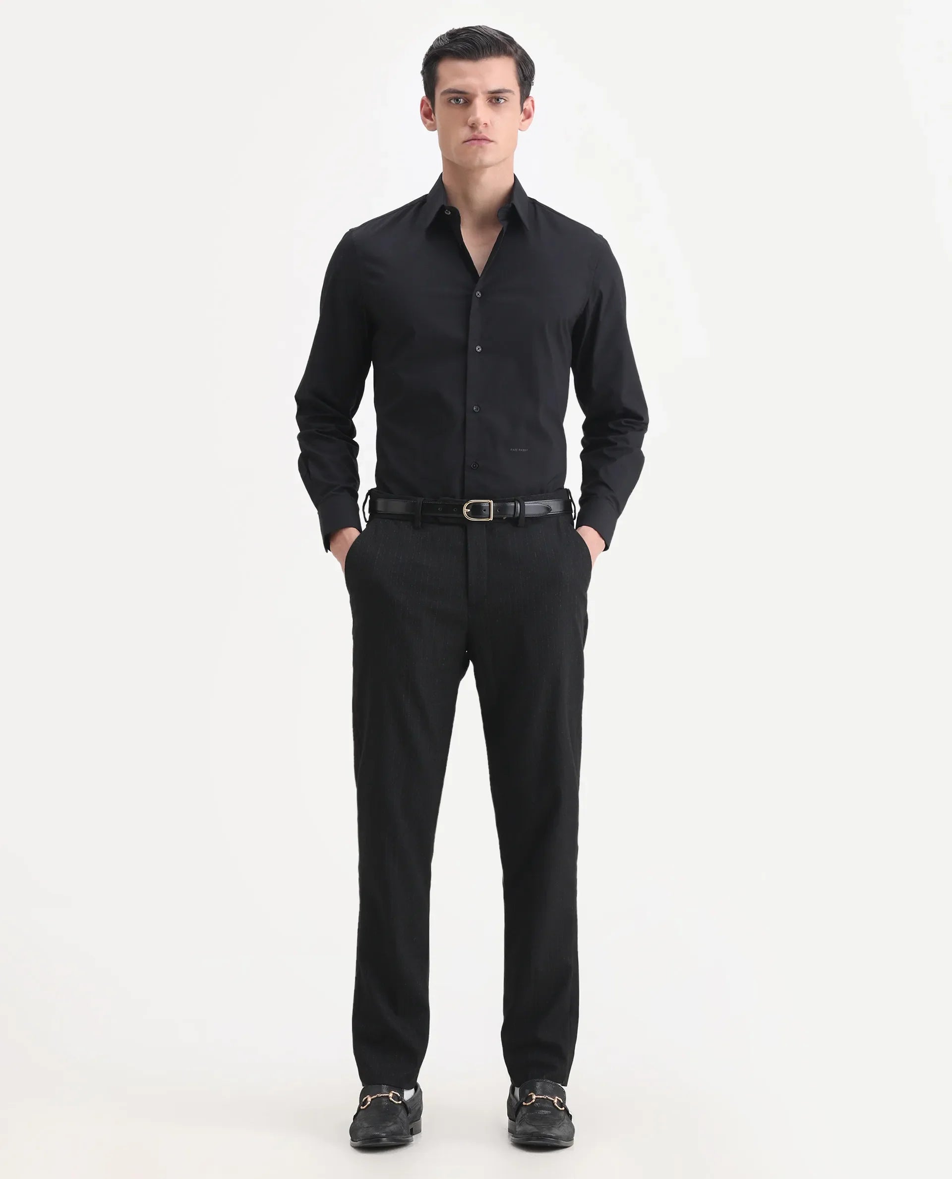 Rare Rabbit Men's Kovex Black Polyester Striped Print Regular Fit Trouser