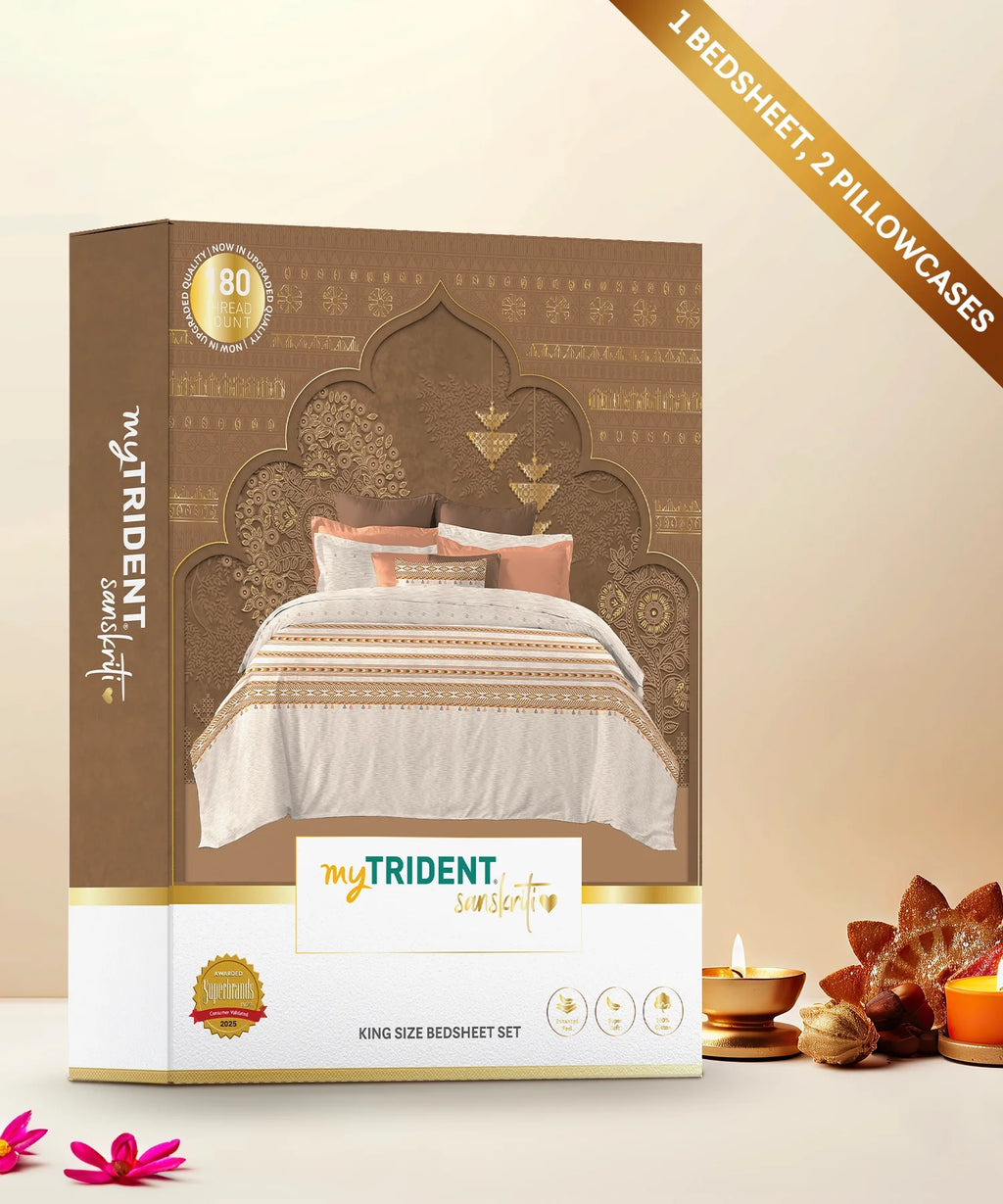 Sanskriti King Bedsheet Gift Set,  Kullu Shawl Beige| 180 TC Cotton| 2 Pillow Covers