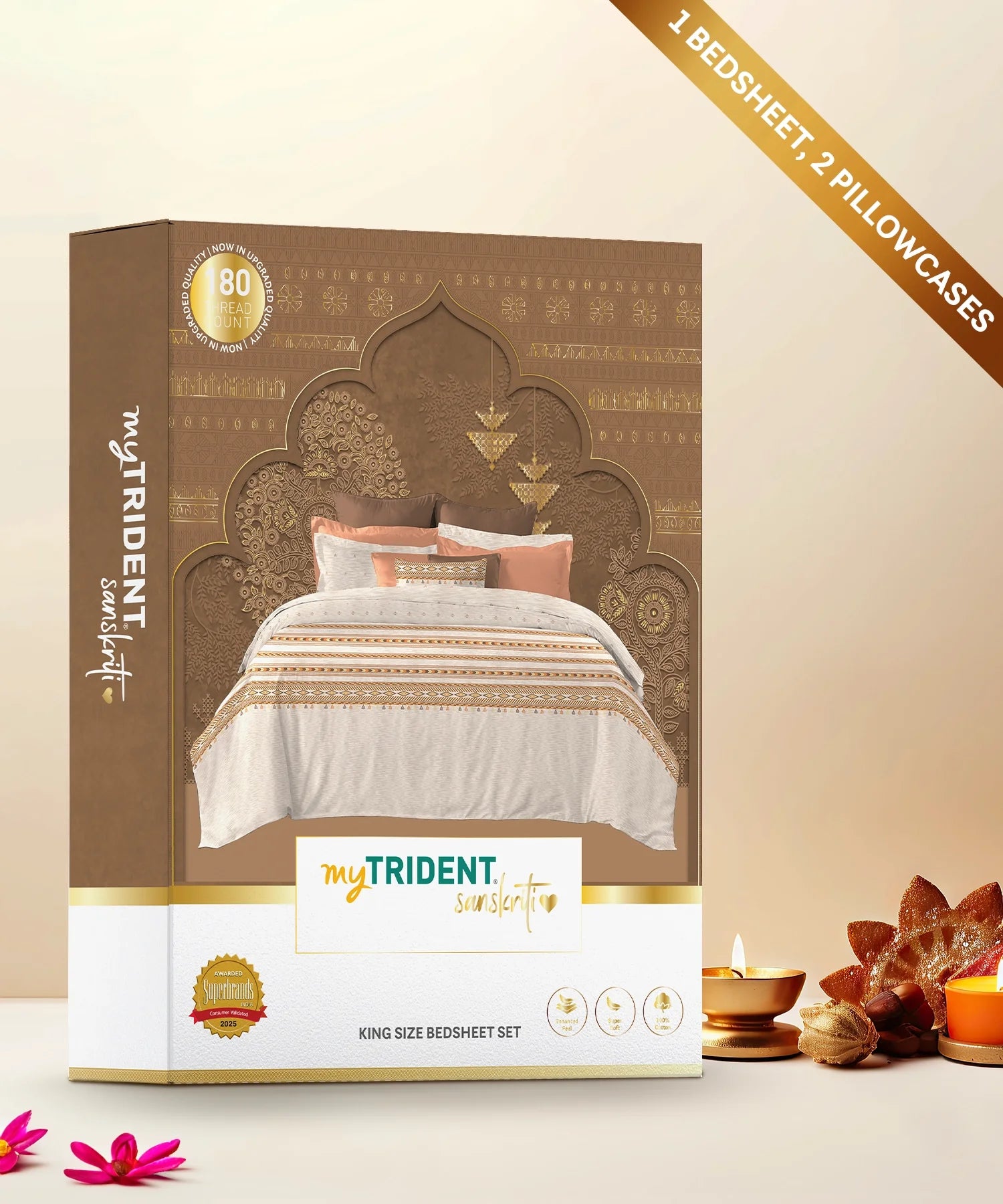 Sanskriti King Bedsheet Gift Set,  Kullu Shawl Beige| 180 TC Cotton| 2 Pillow Covers
