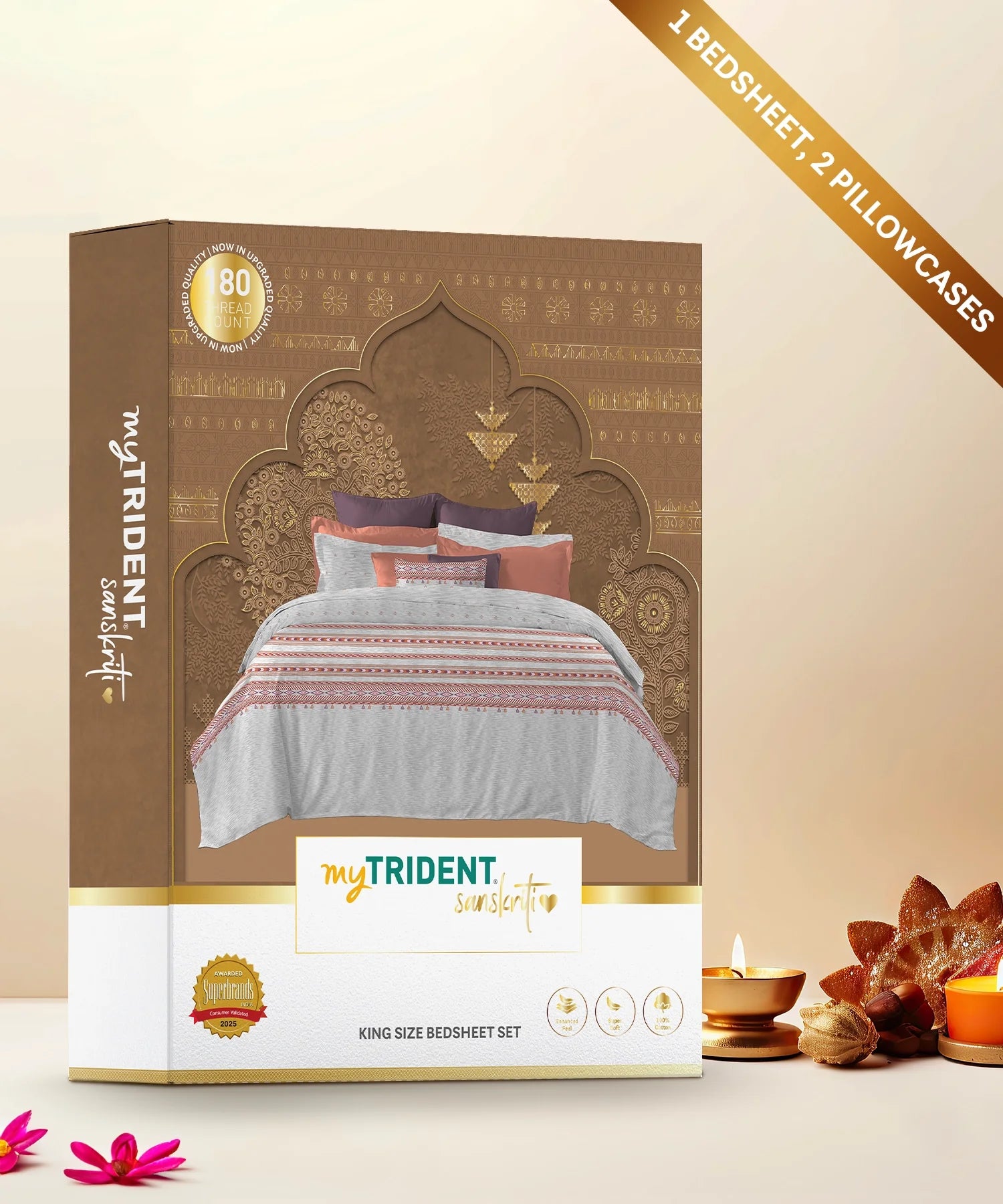 Sanskriti King Bedsheet Set, Kullu Shawl Grey| 180 TC Cotton| 2 Pillow Covers