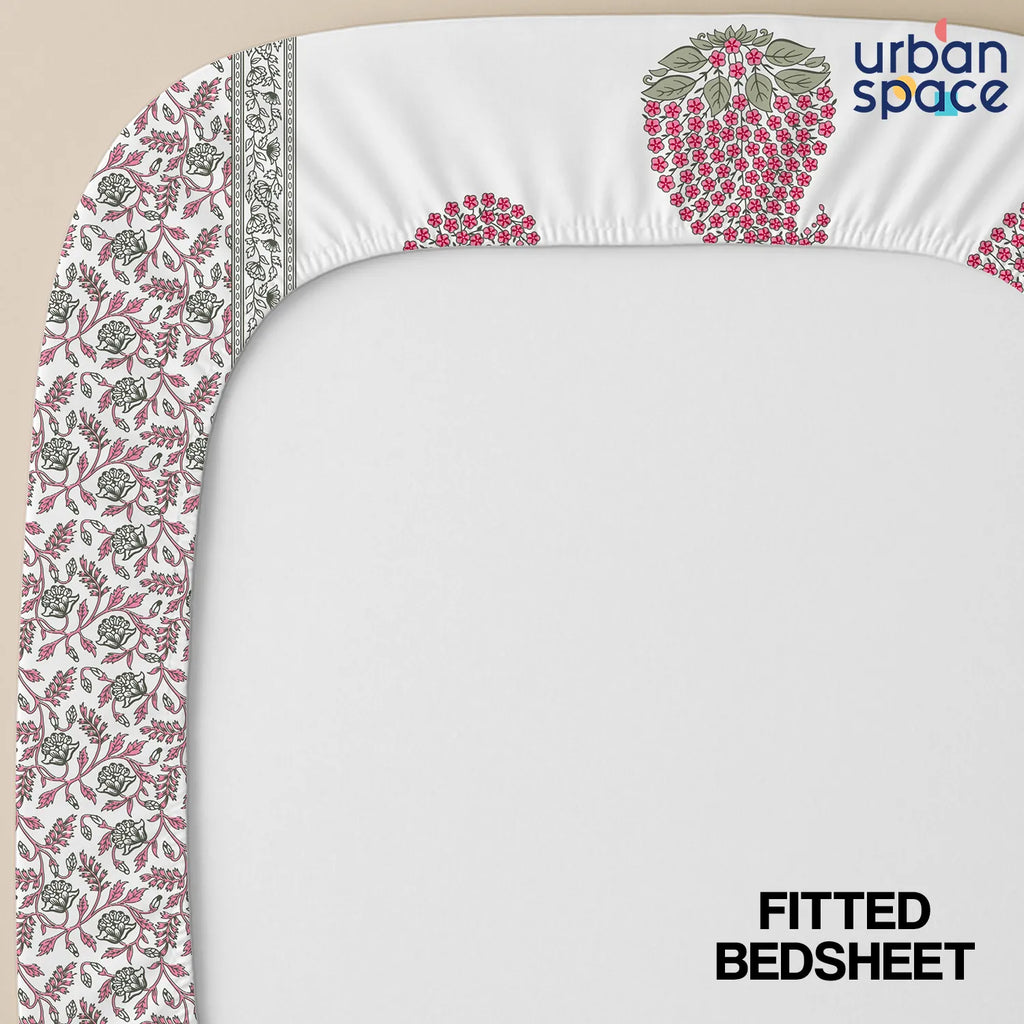 Serene 300 TC 100% Cotton Bedsheet with Pillow Covers, Panel Design - Kairavi Pink