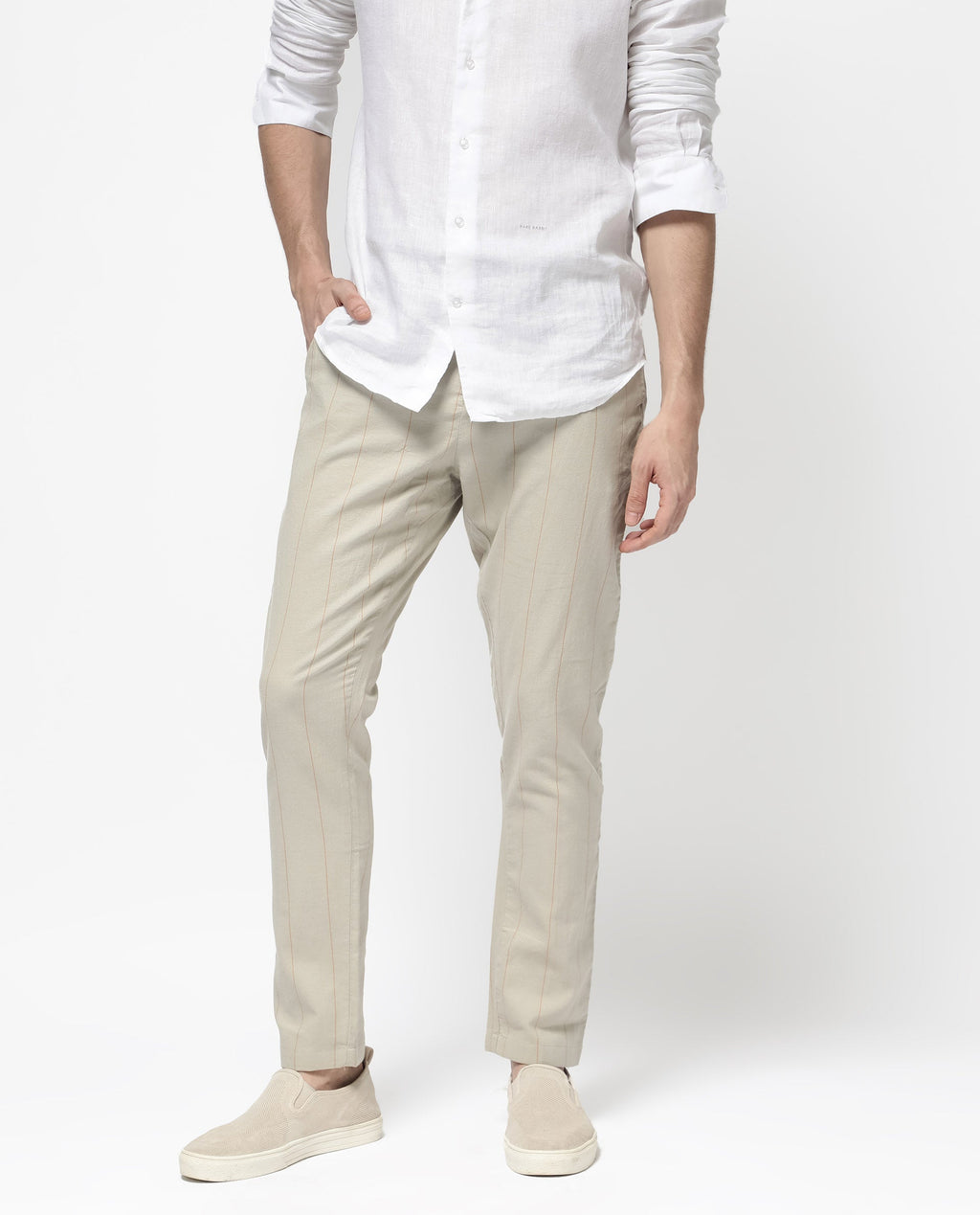 Rare Rabbit Men's Lanac Beige Cotton Striped Print Regular Fit Trouser