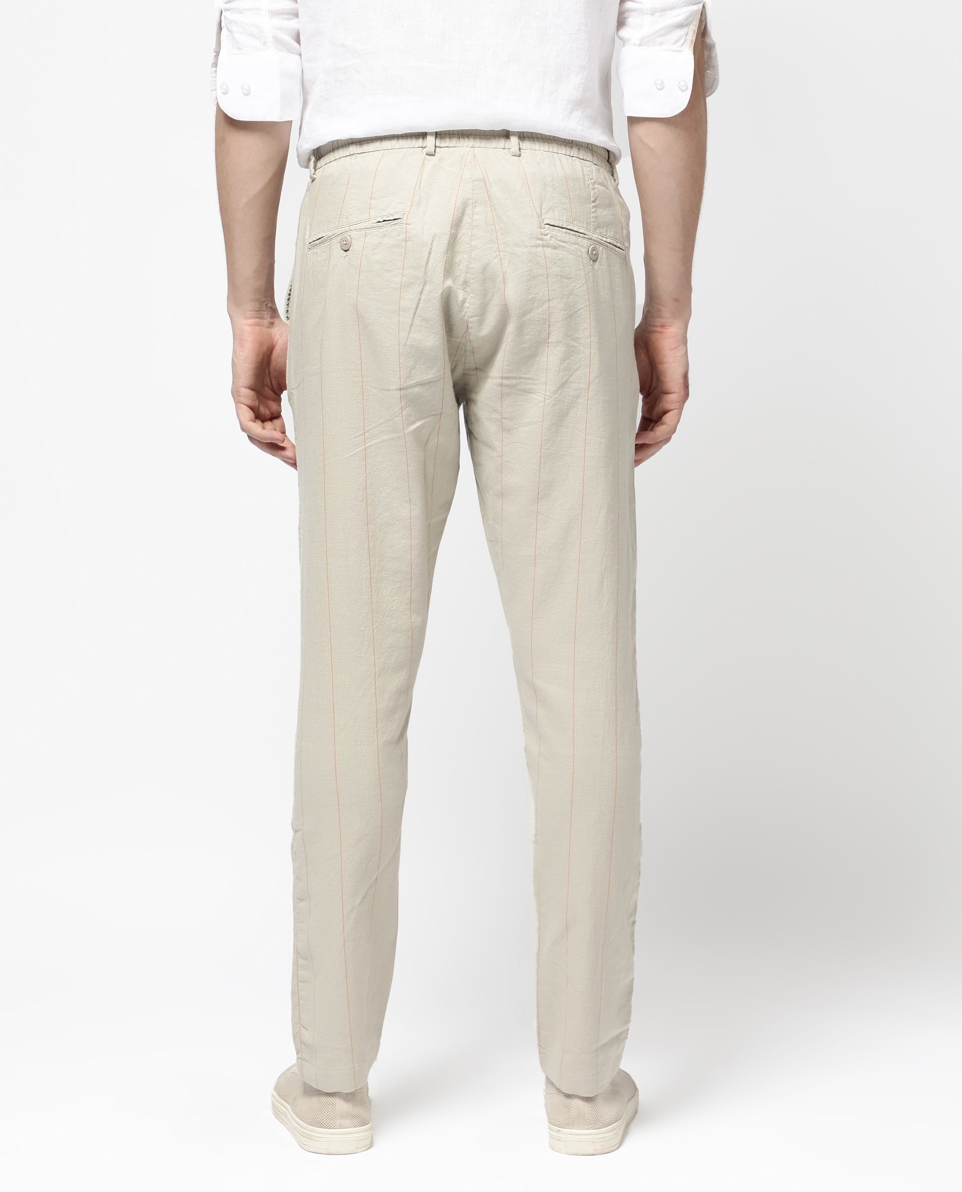 Rare Rabbit Men's Lanac Beige Cotton Striped Print Regular Fit Trouser