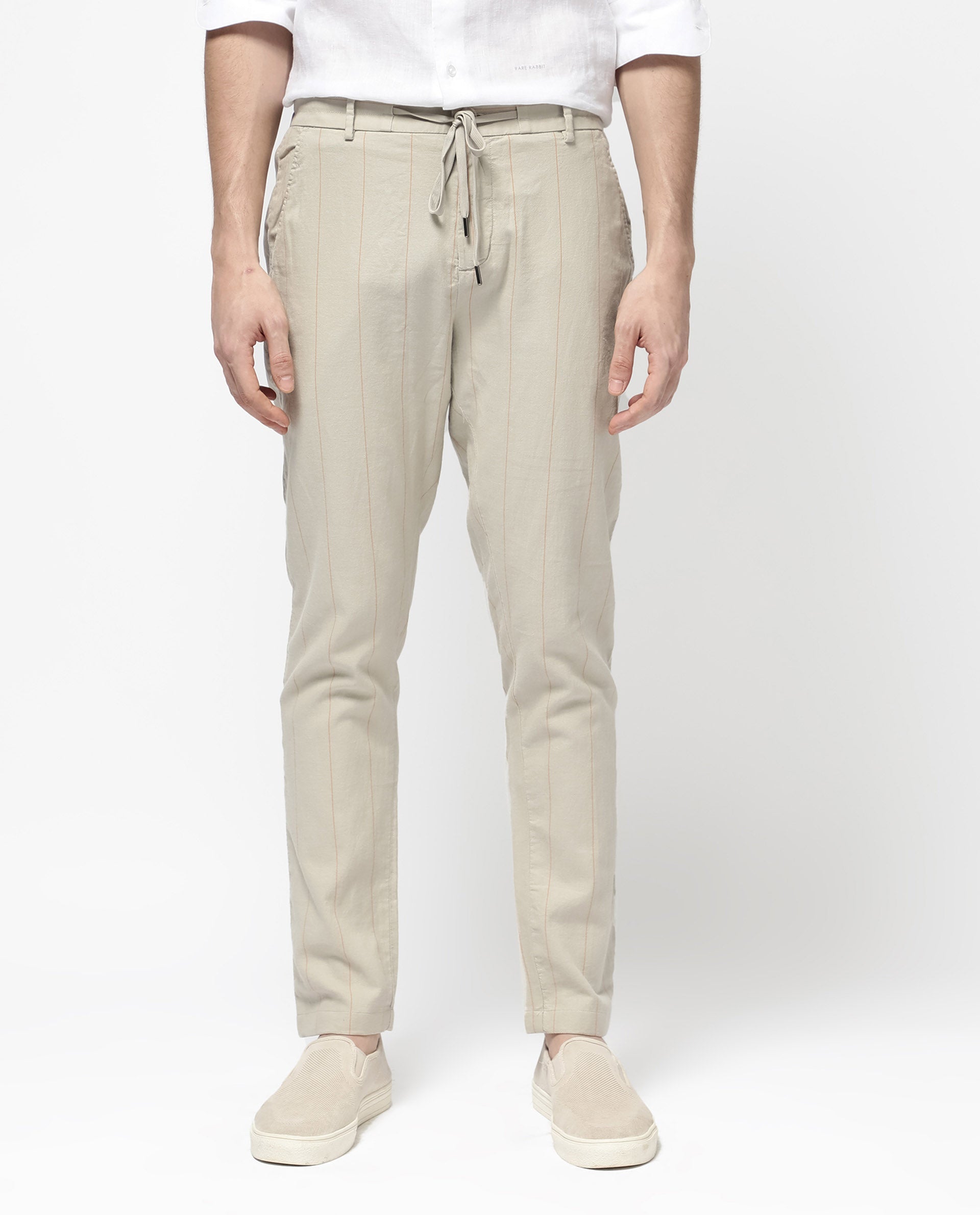 Rare Rabbit Men's Lanac Beige Cotton Striped Print Regular Fit Trouser