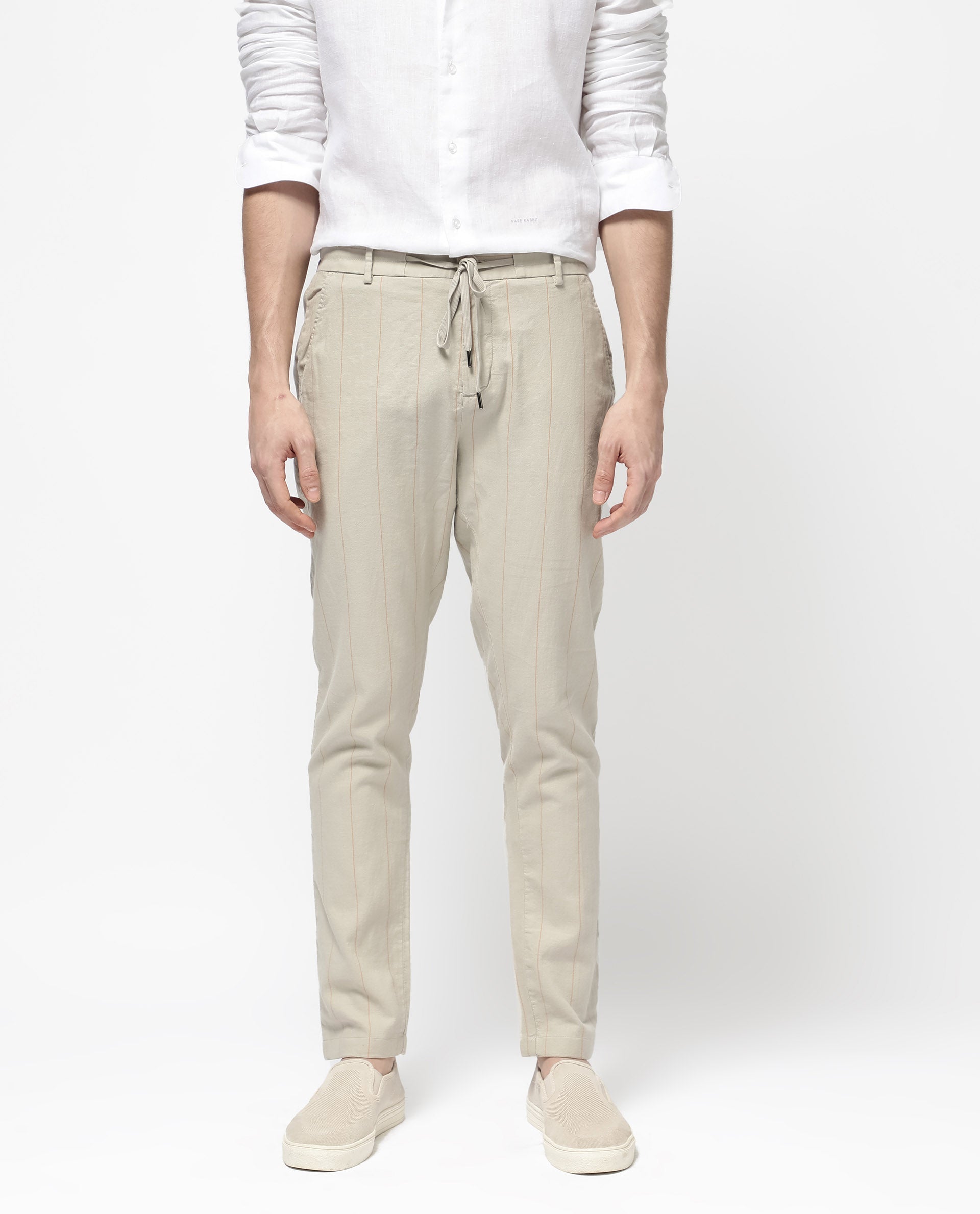 Rare Rabbit Men's Lanac Beige Cotton Striped Print Regular Fit Trouser