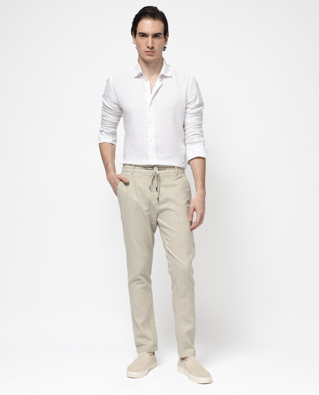 Rare Rabbit Men's Lanac Beige Cotton Striped Print Regular Fit Trouser